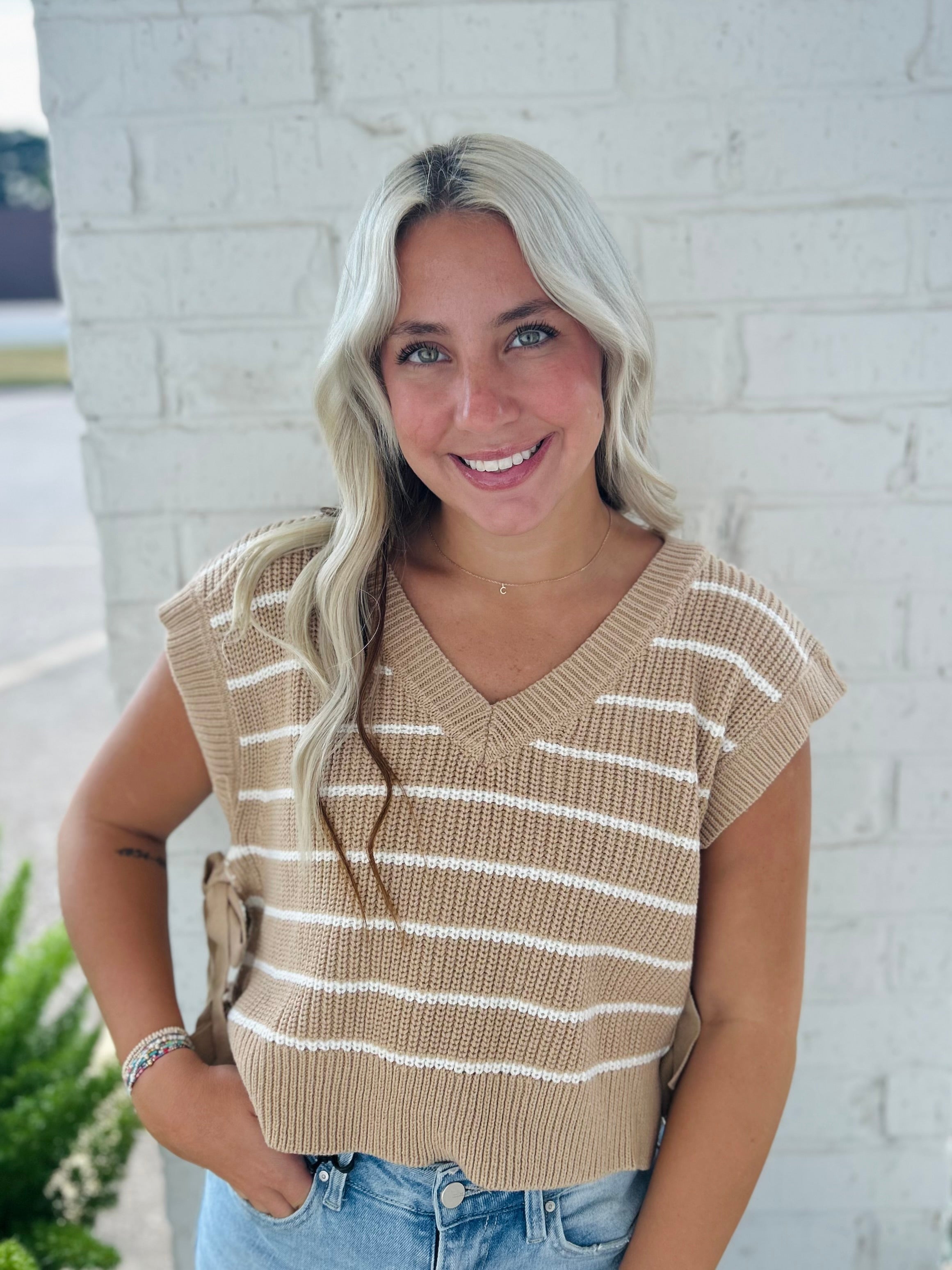 Briar Striped V Neck Side Tie Sweater Vest