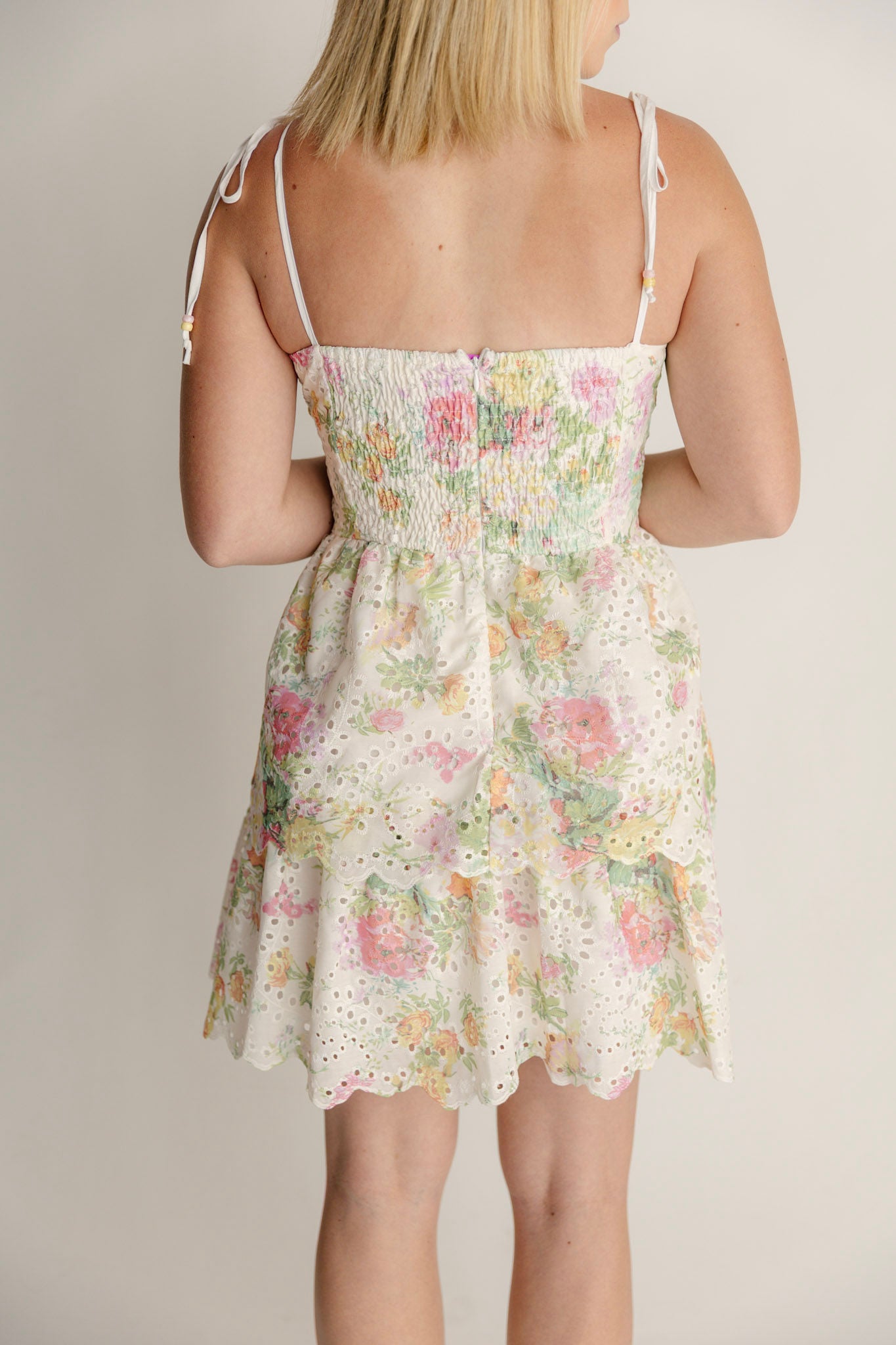 Floral Printed Eyelet Tie Shoulder Short Dress