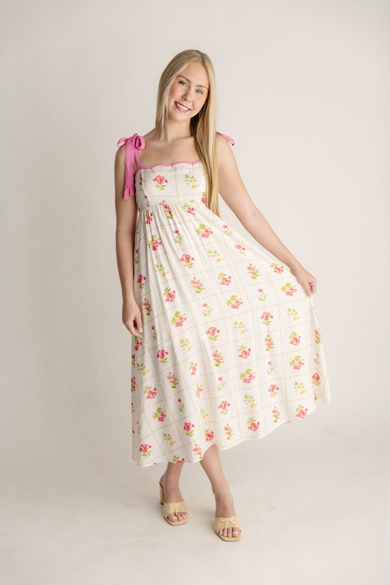 Floral Tie Pattern Scalloped Tie Strap Midi Dress