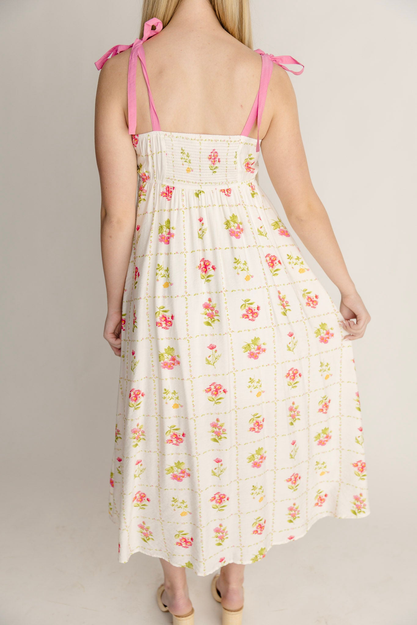 Floral Tie Pattern Scalloped Tie Strap Midi Dress