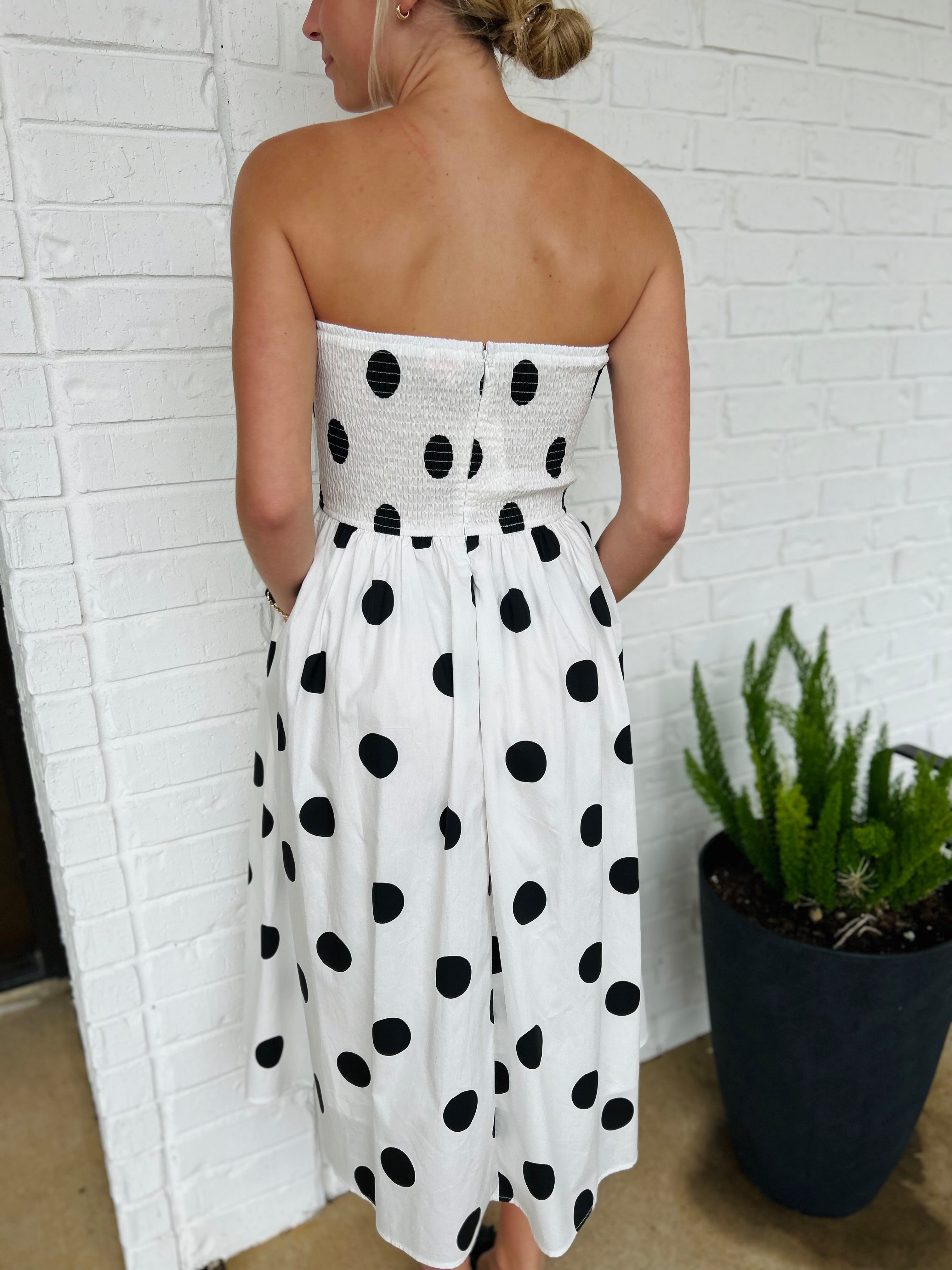 Anita Polka Dot Strapless Pleated Midi Dress