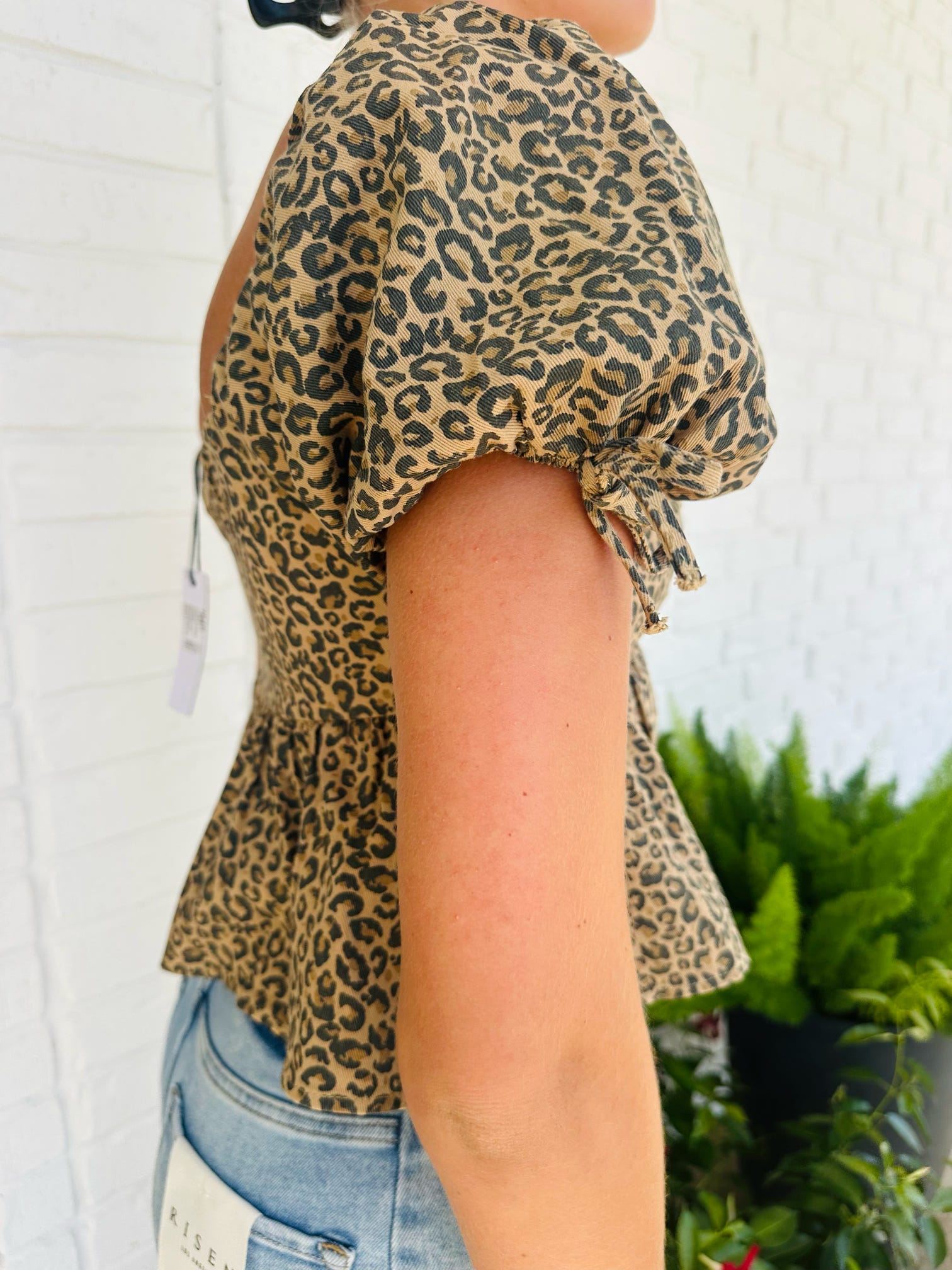 Denim Leopard Princess Neckline Puff Sleeve Crop Top