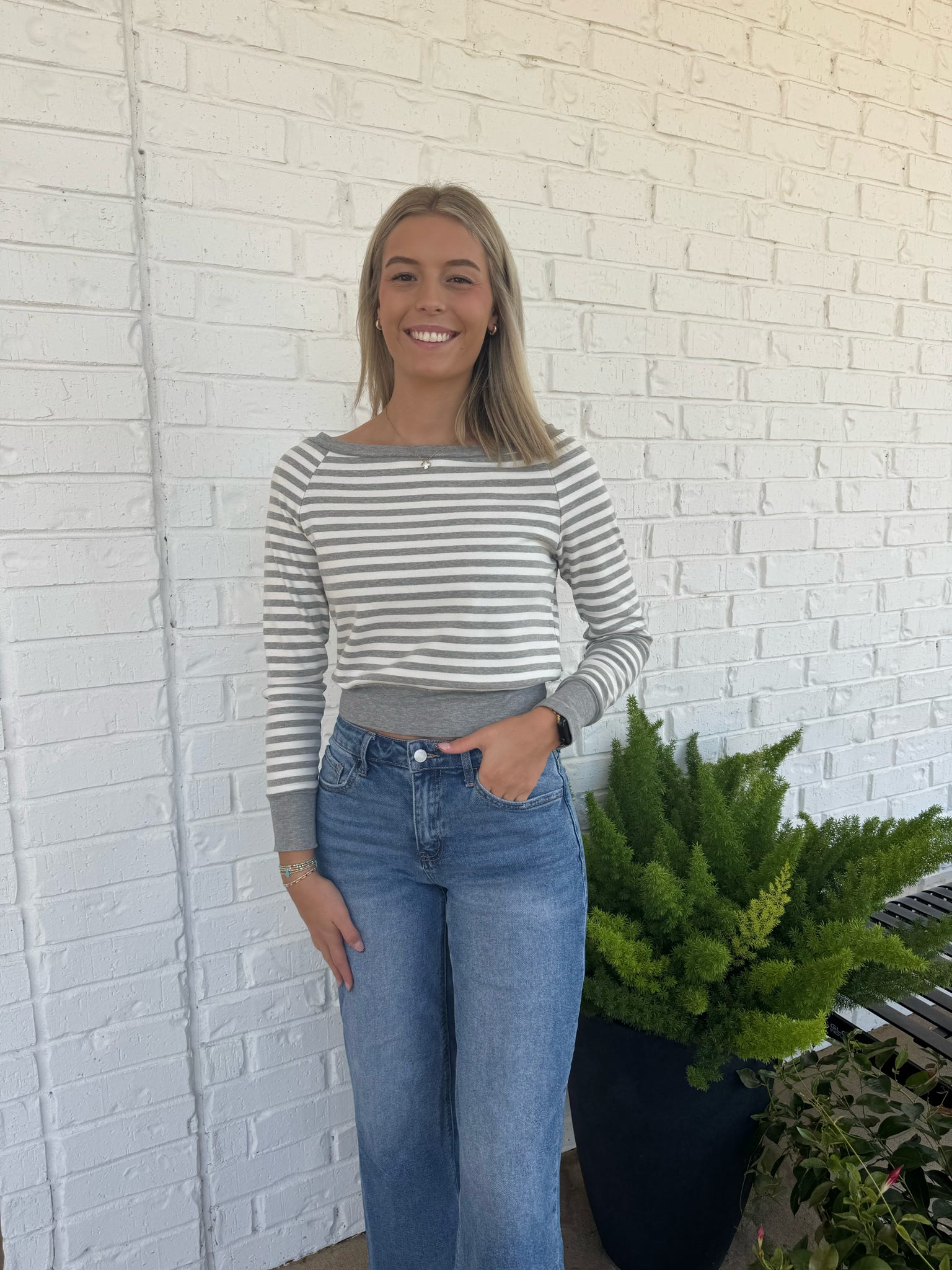 Off the shoulder striped fitted shirt