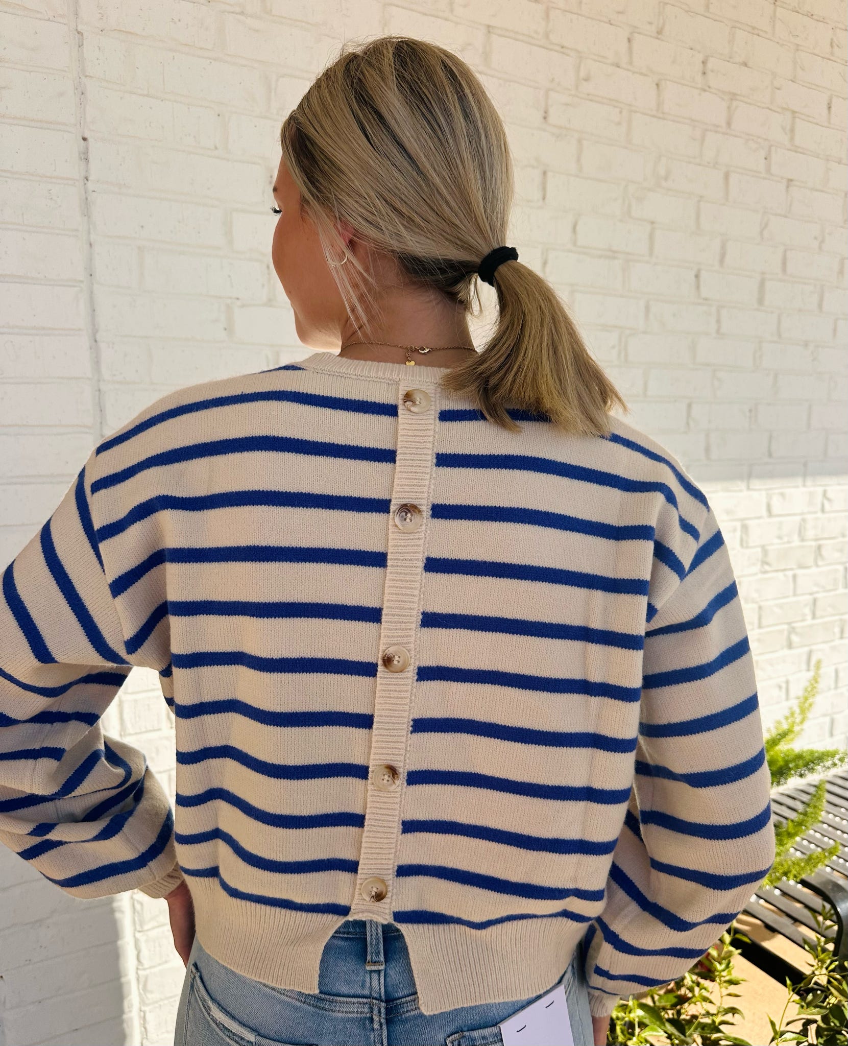 Lucy Striped LS Crew Button Back Sweater