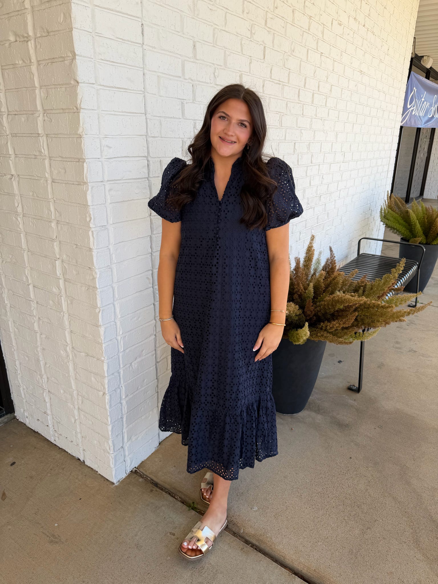 Entro Puff Sleeve Eyelit Maxi Dress