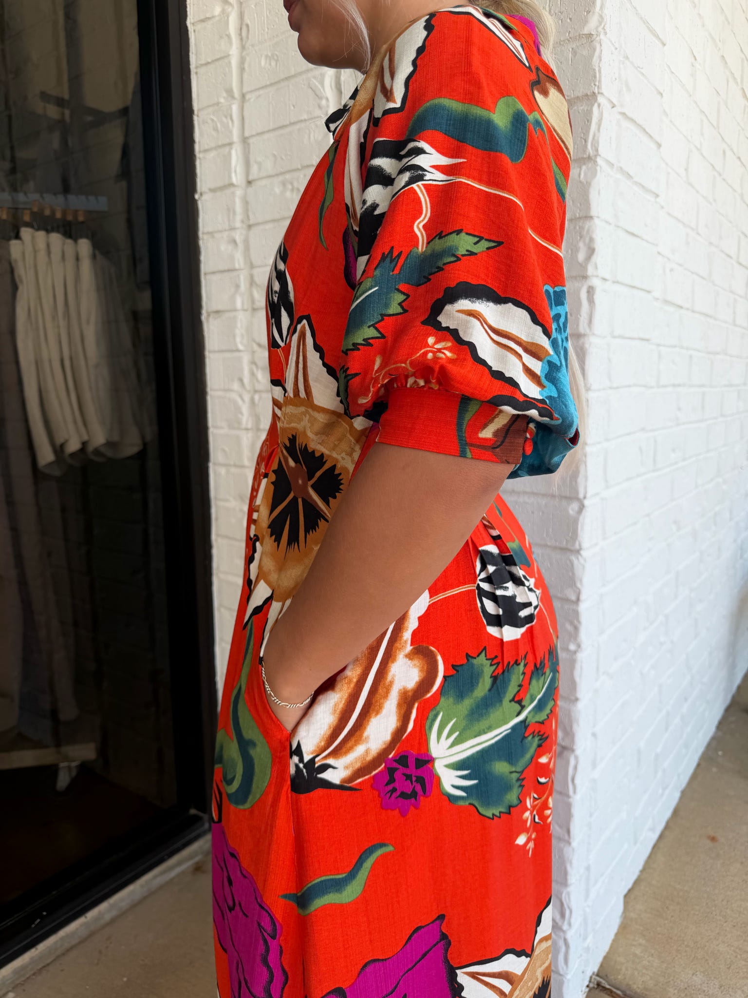 V-neck Pleated Waist Midi Dress