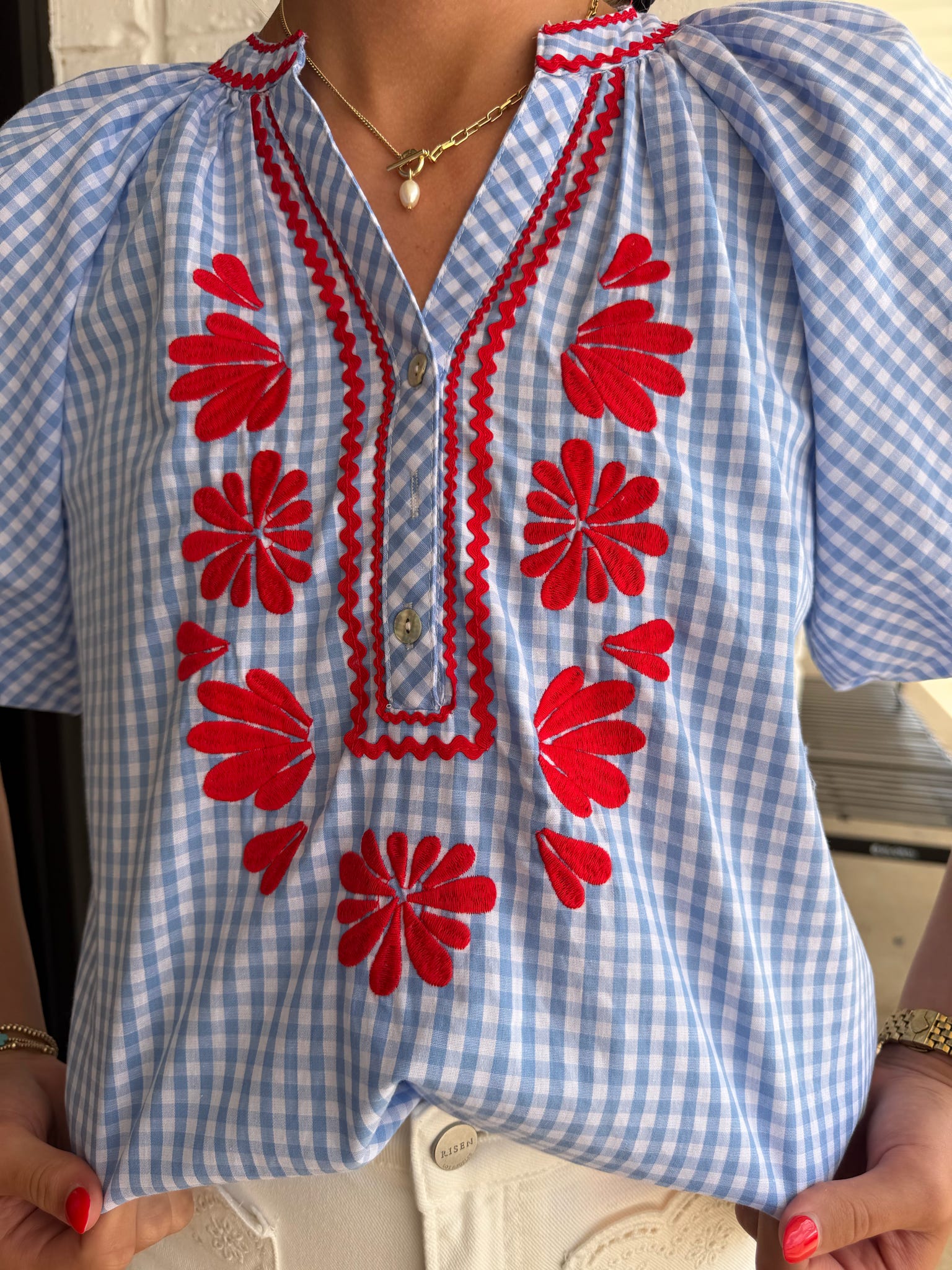 Stitch Flower Gingham Blouse