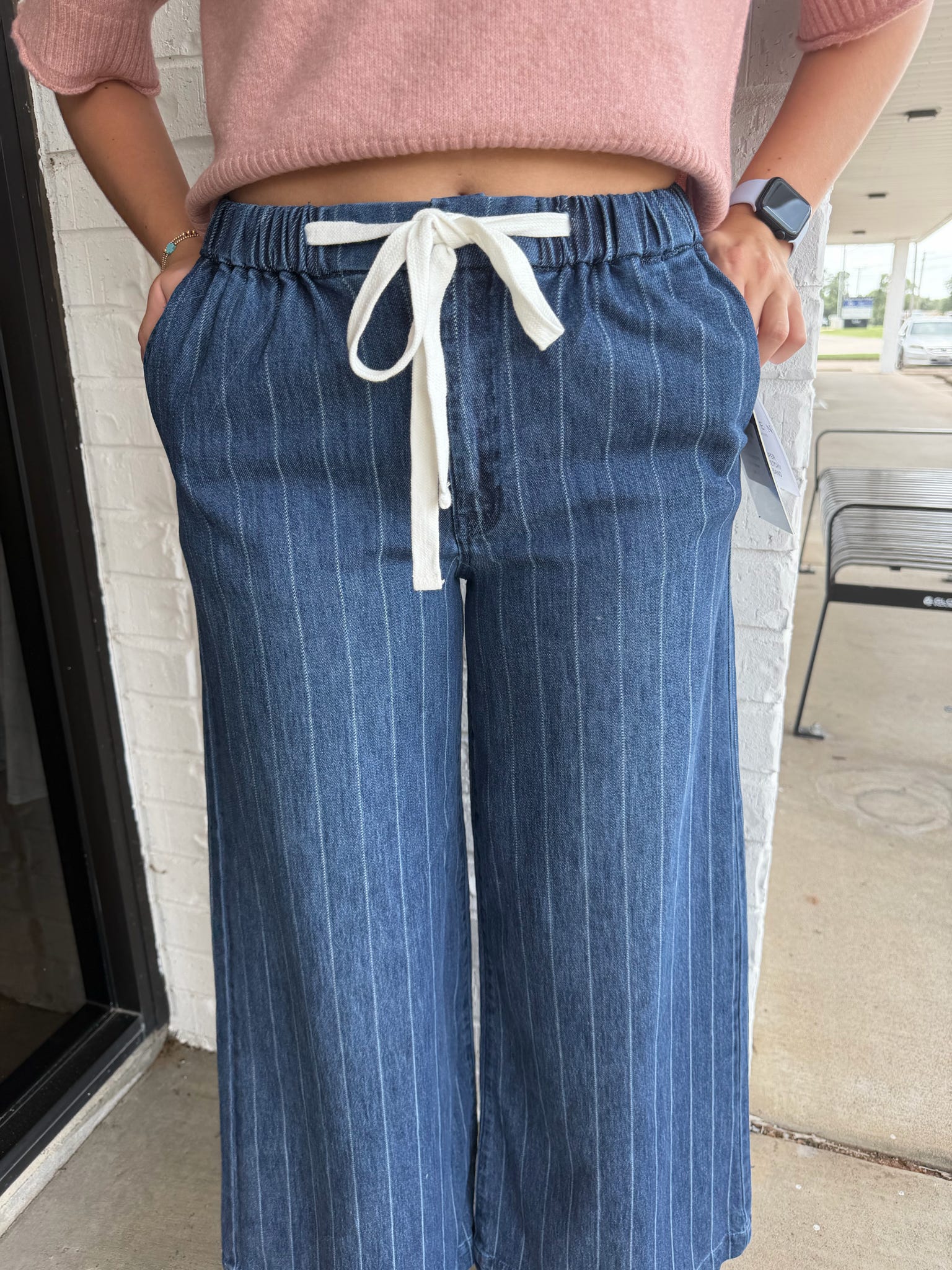 Slouchy Wide Strip Draw String Jeans