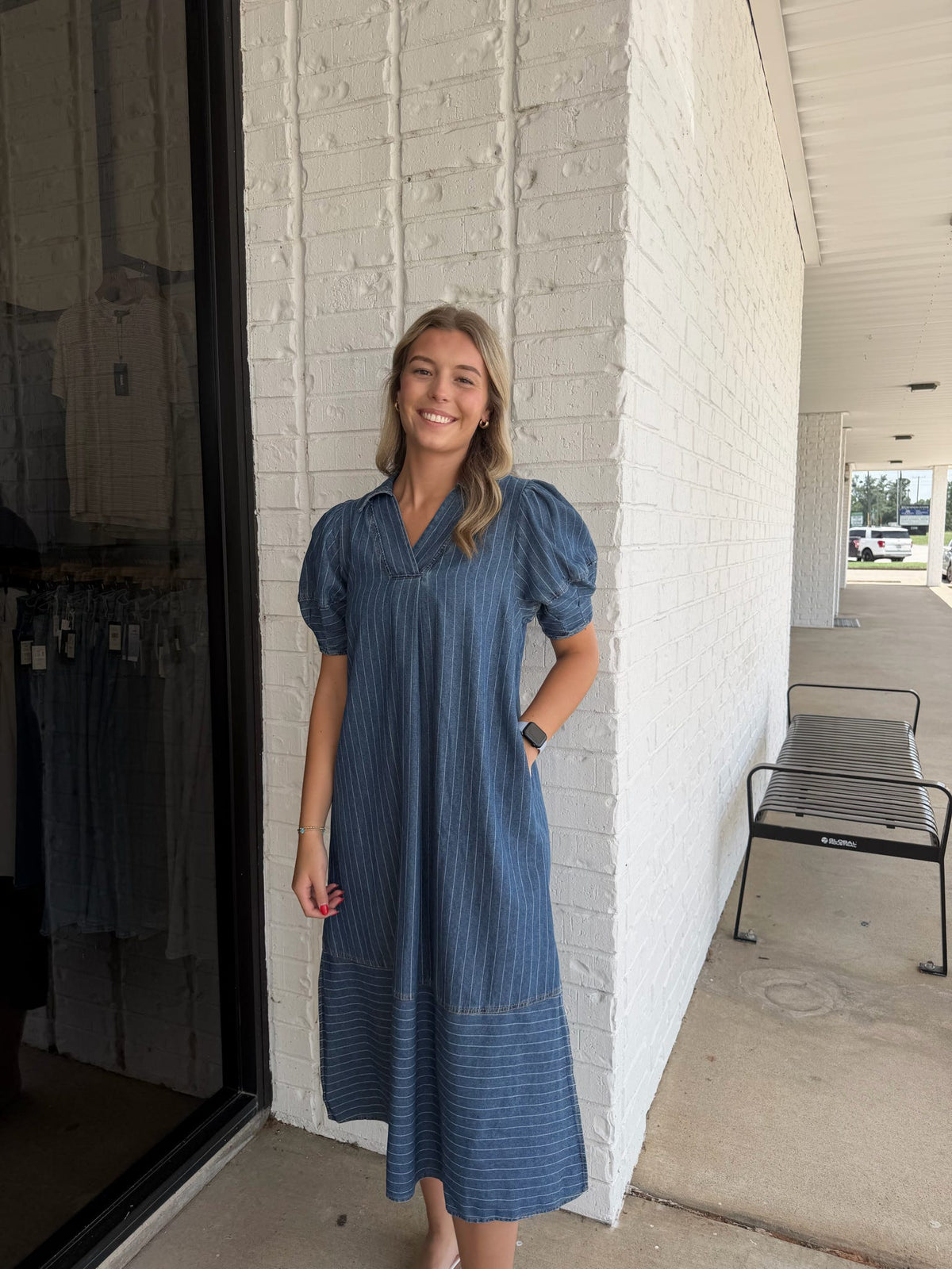Denim Puff Sleeve Midi Dress Denim / S