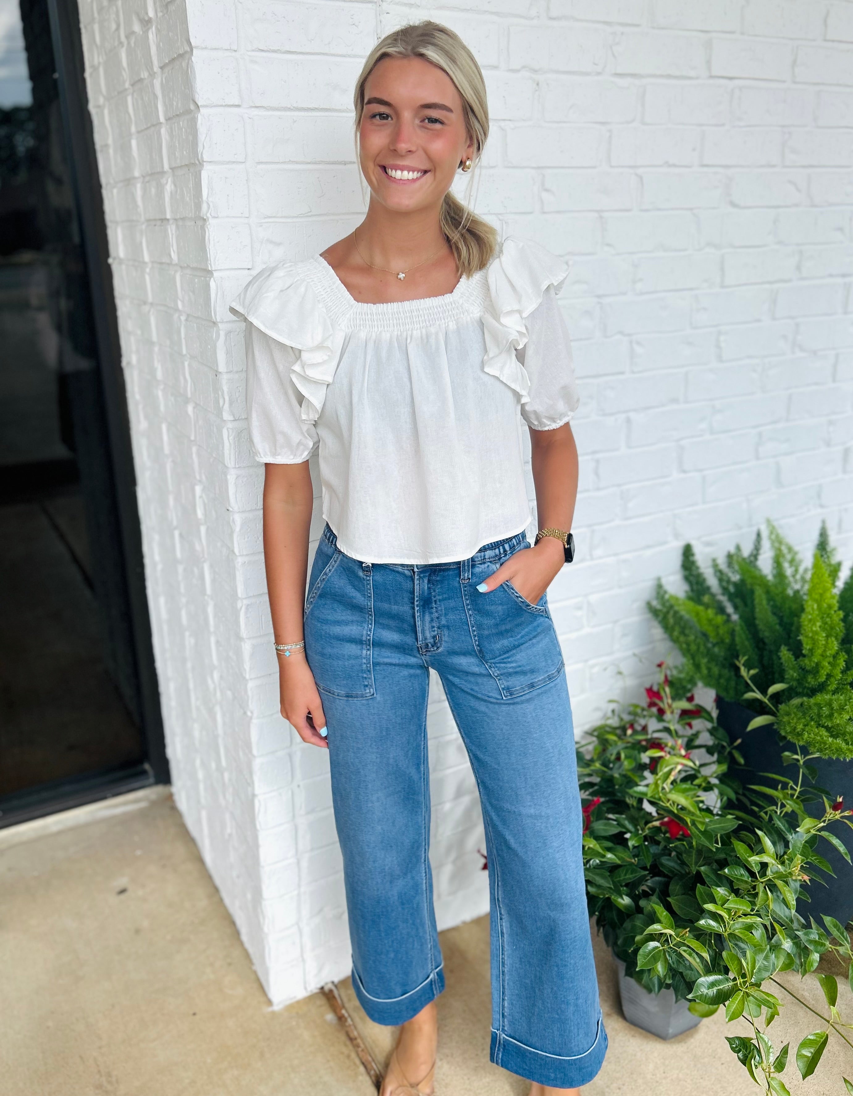 Seaside SS Ruffle Off Shoulder Crop Top