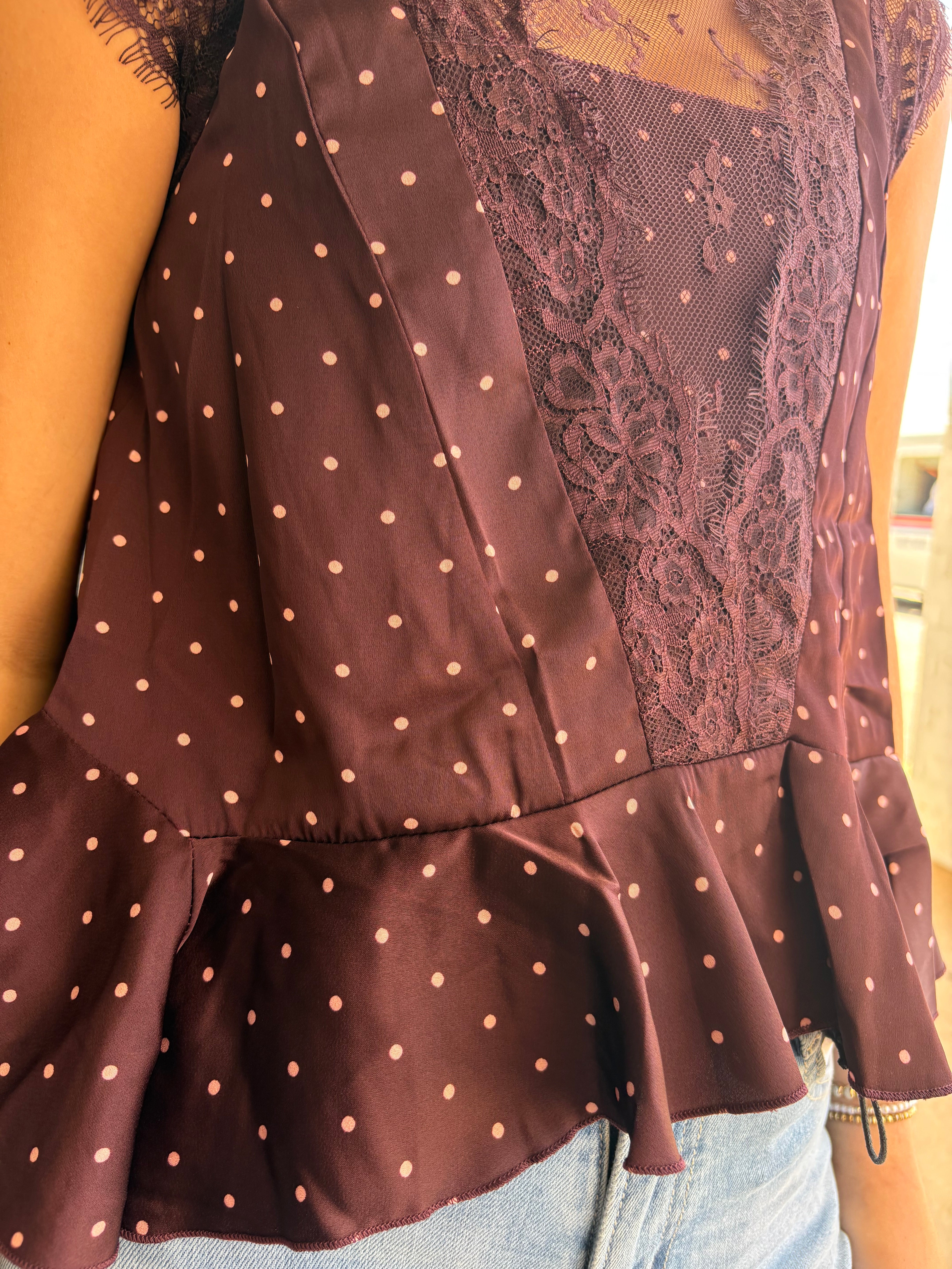 Polka Dot Satin Lace Trim Blouse