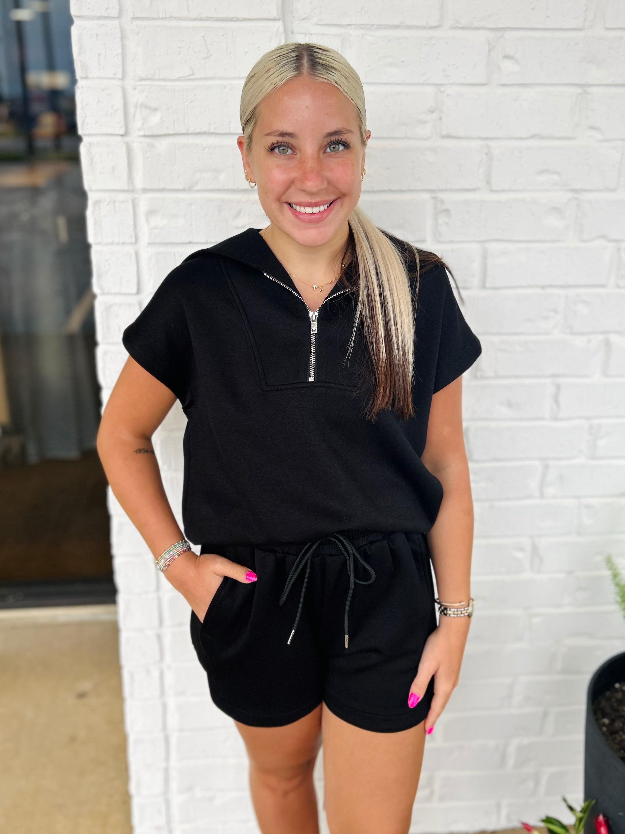 Half Zip Scuba Cap Sleeve Top and Shorts Set