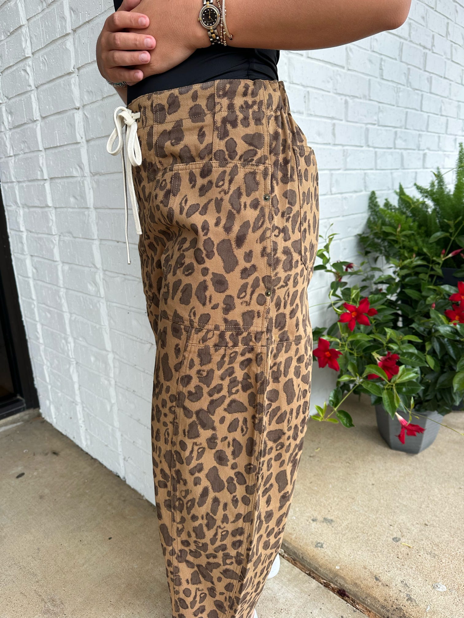 Allie Leopard Mid Rise Pull On Balloon Drawstring Pants
