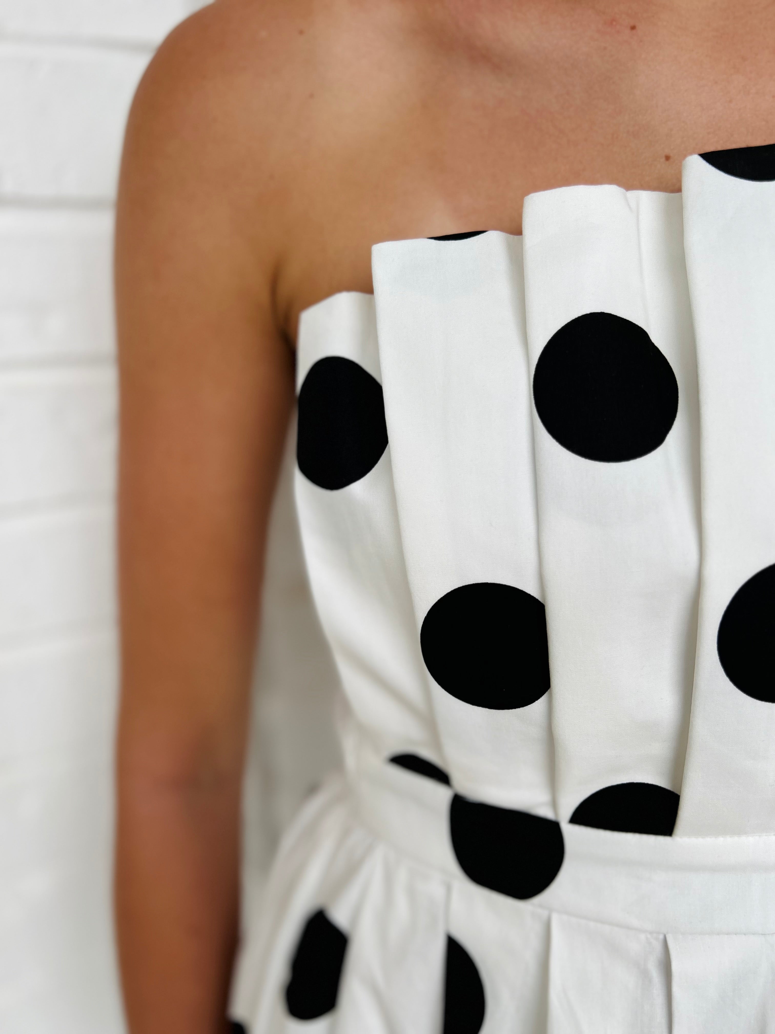 Anita Polka Dot Strapless Pleated Midi Dress