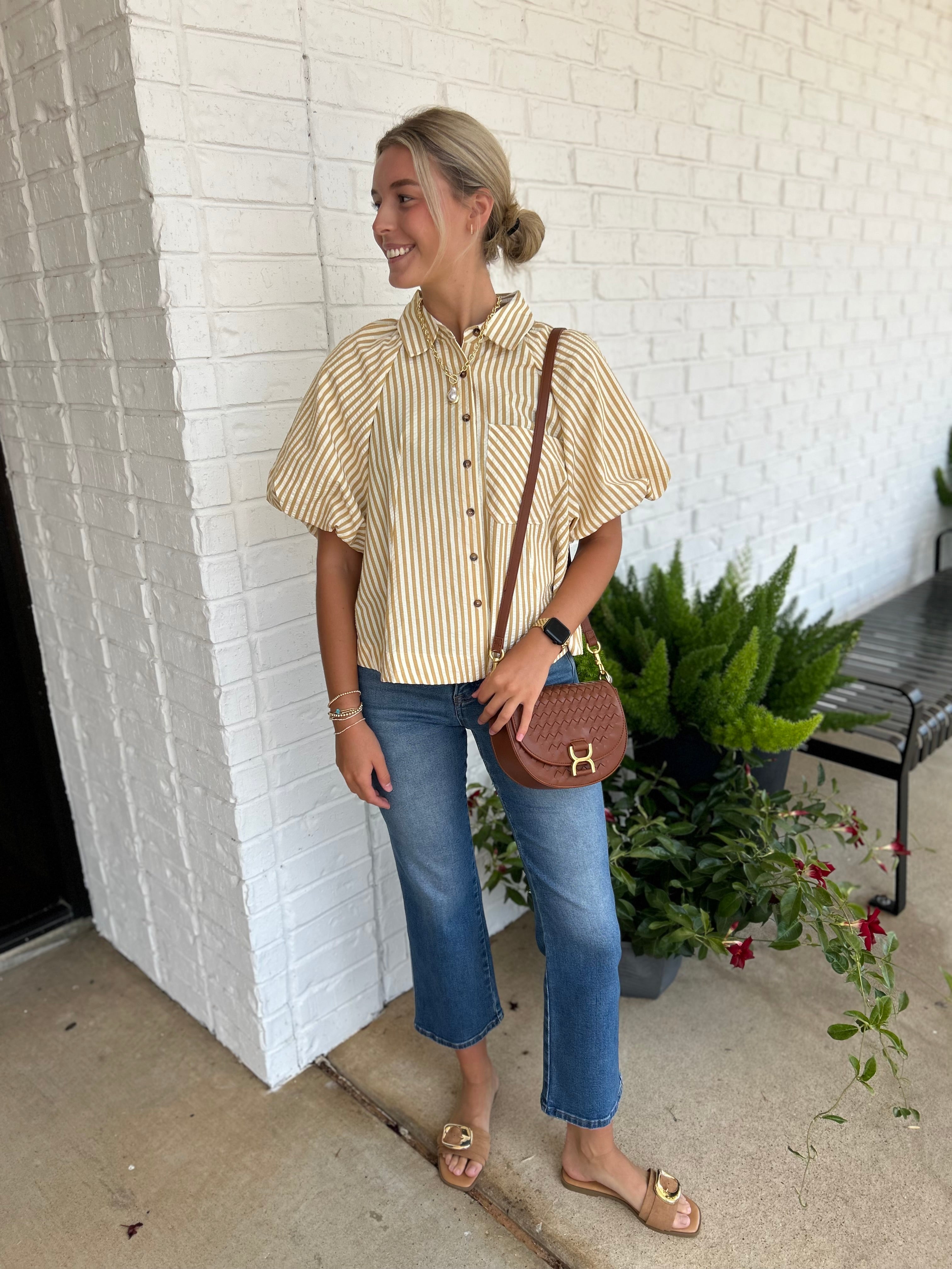 Bubble Sleeve Striped Button Up Top