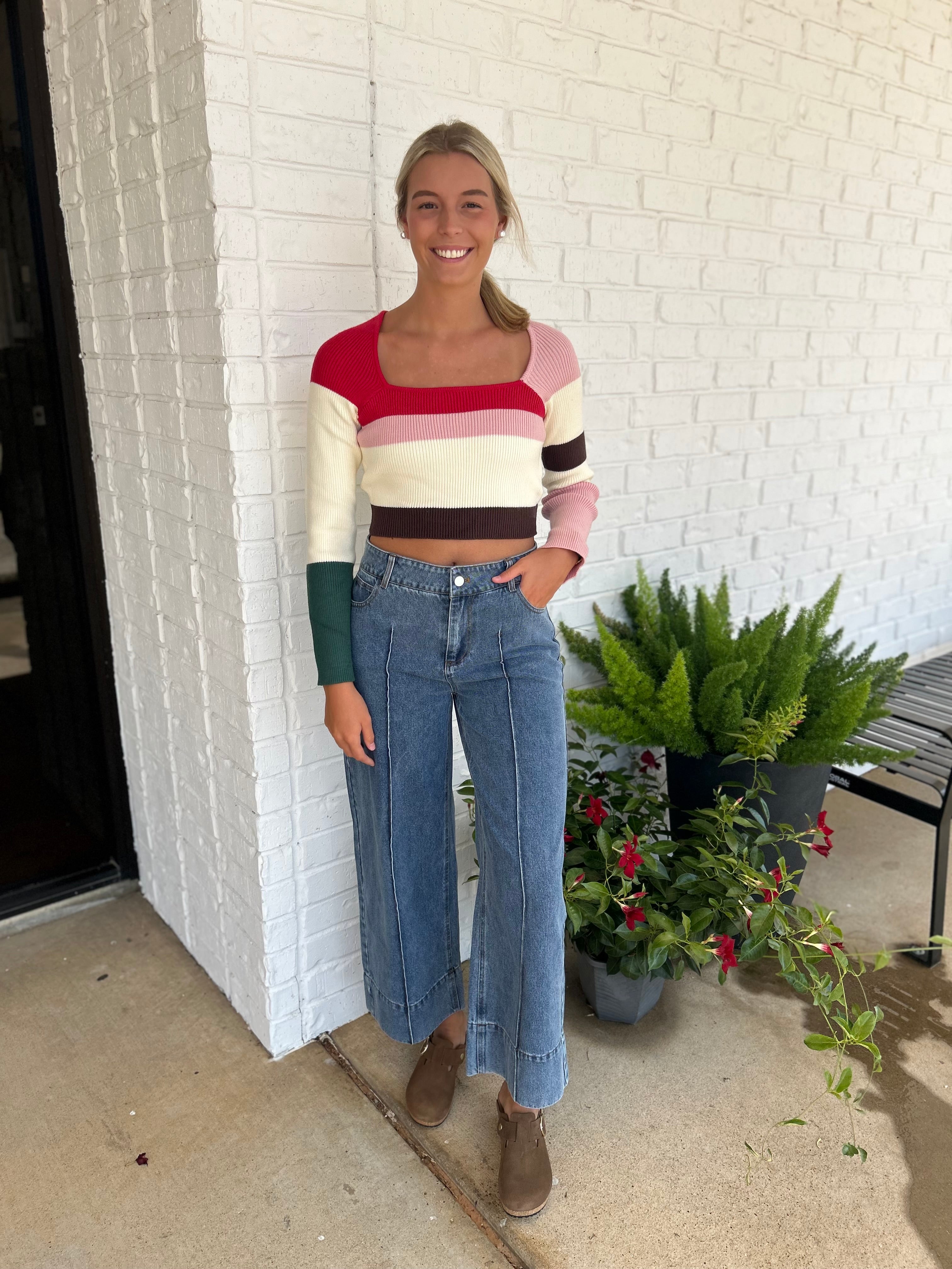 Mischa Color Block Long Sleeve Cropped Sweater