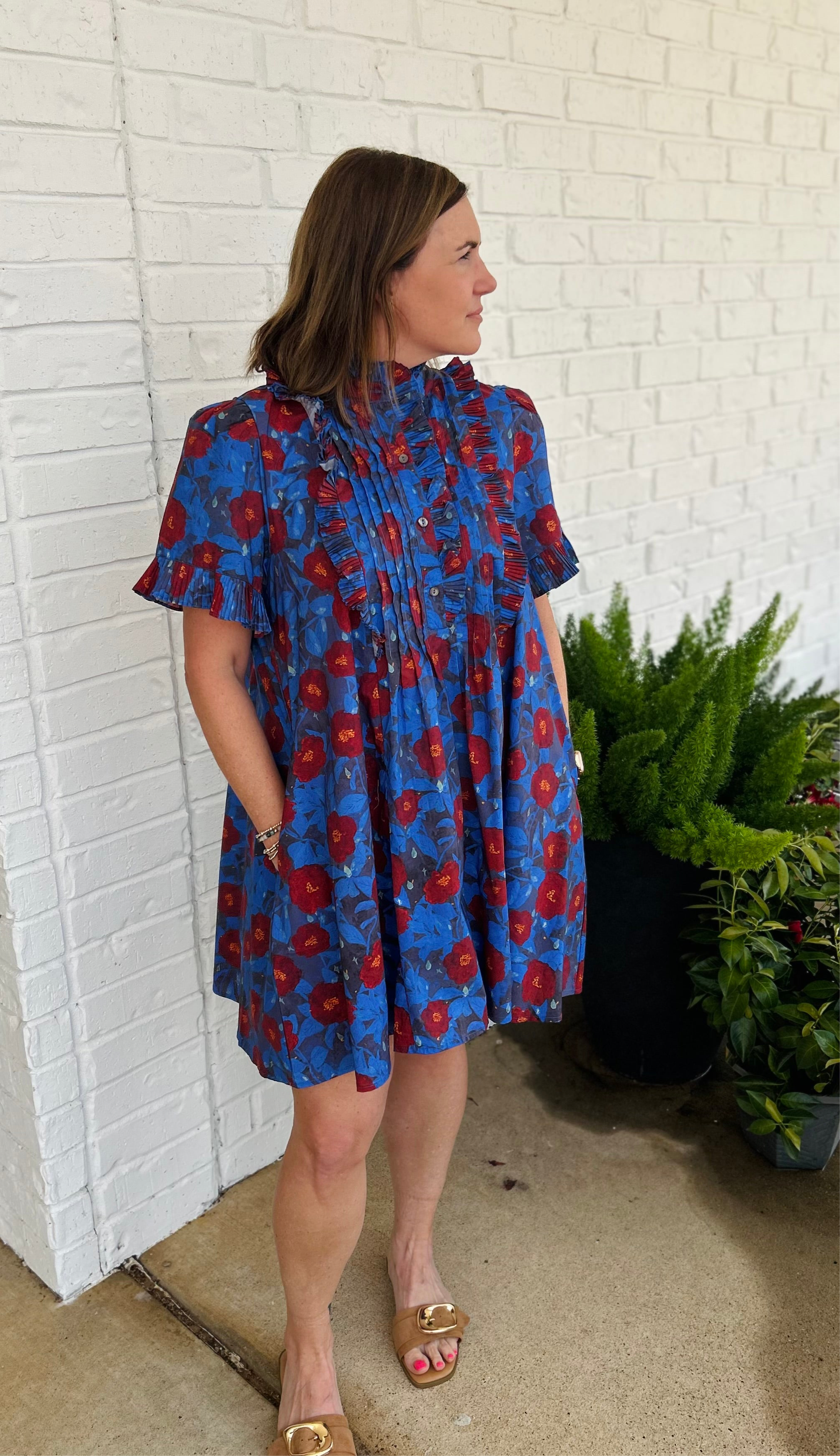 Imogen Floral Pintuck Pleated Ruffle Detail Mini Dress