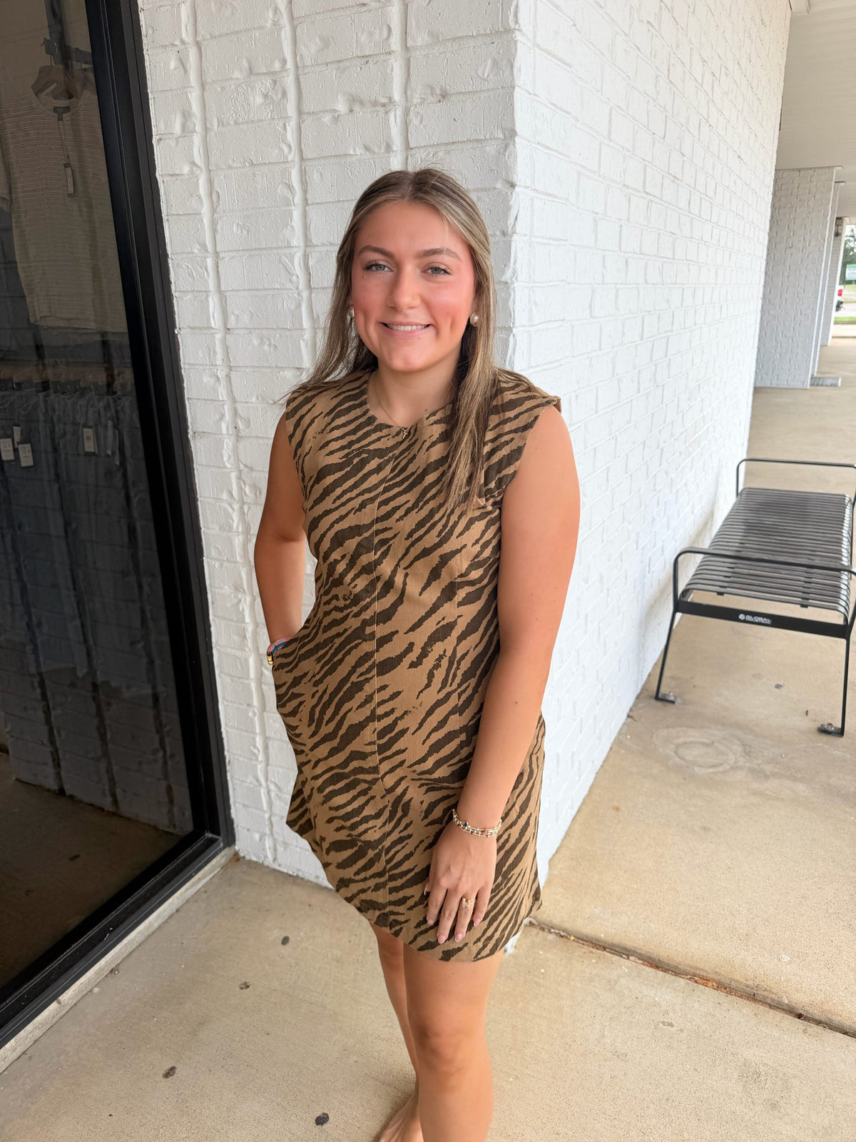 entro denim dress Zebra Print Mini | Tan & Brown Boutique Cor:Yellow artisan Mini Dresses | It and a decorative chain