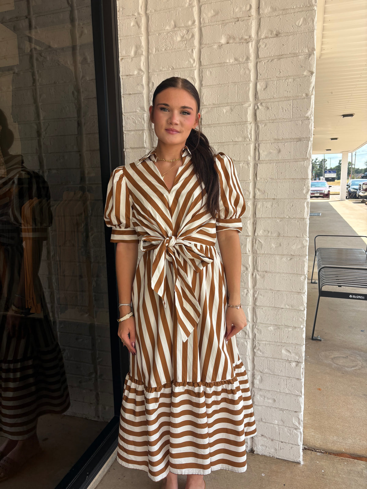 Entro Stripe Front Tie Midi Dress