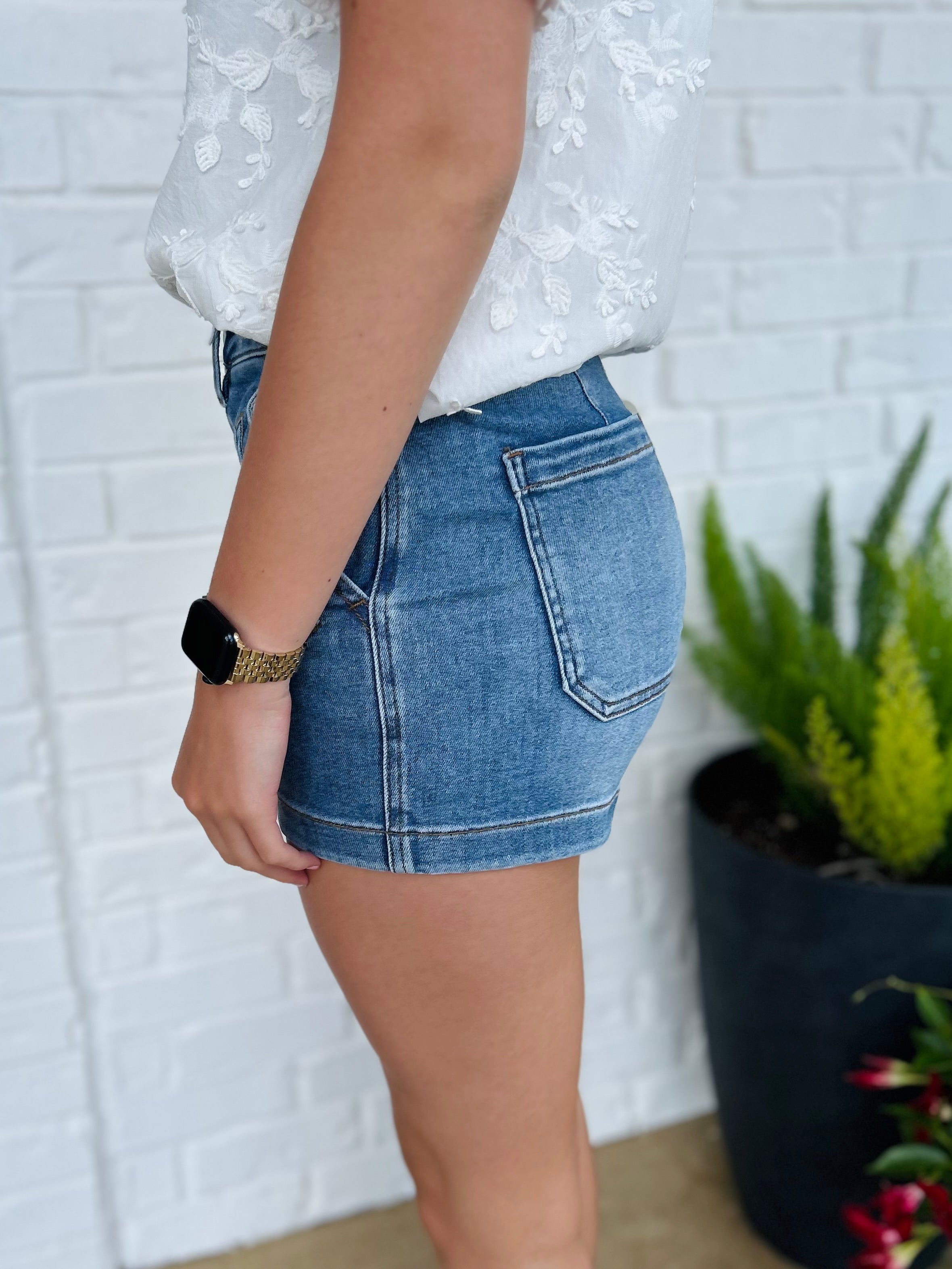 Risen High Rise Front Seam Denim Shorts