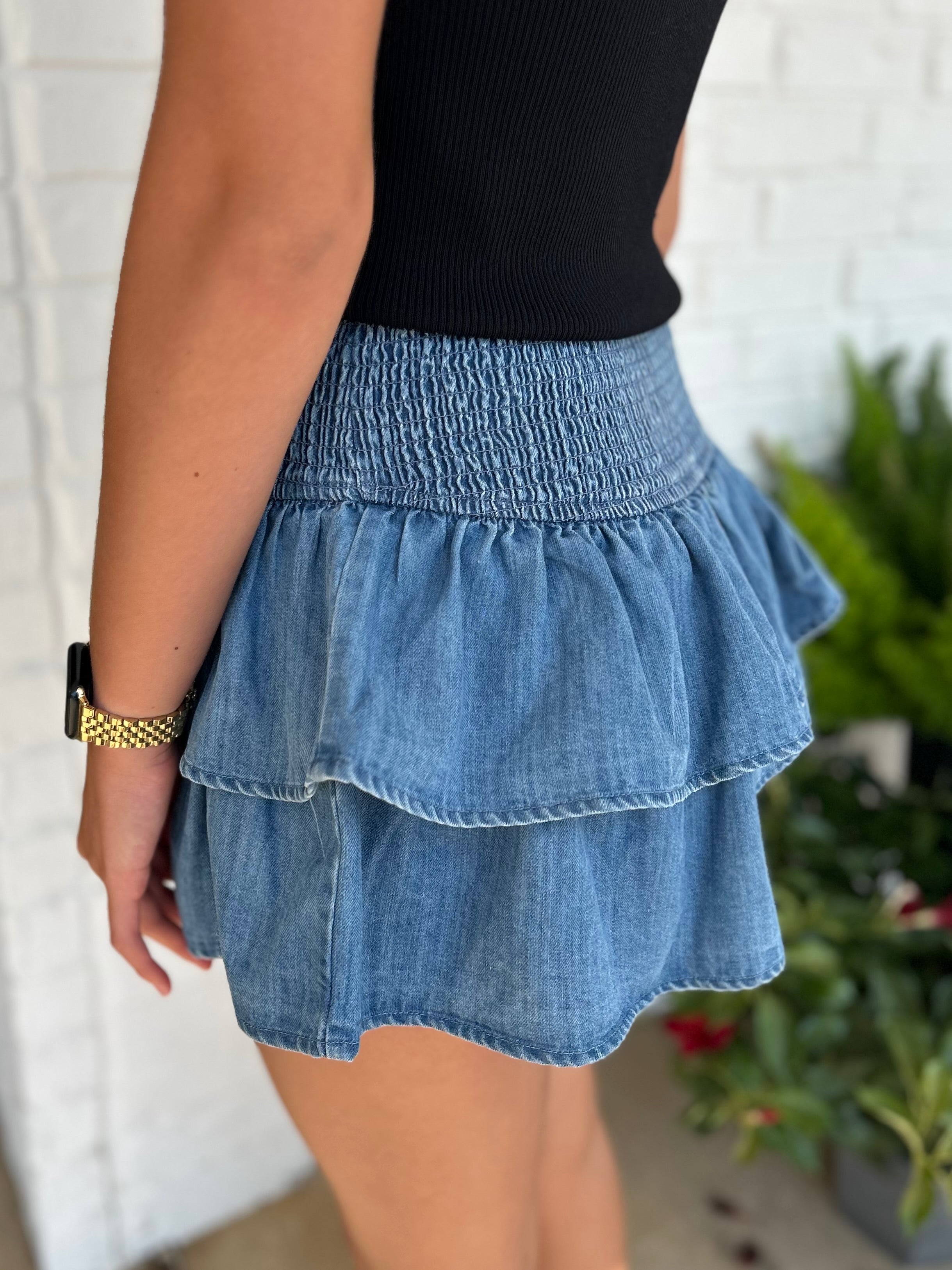 Delilah Denim Tiered Ruffle Skort with Smocked Waist