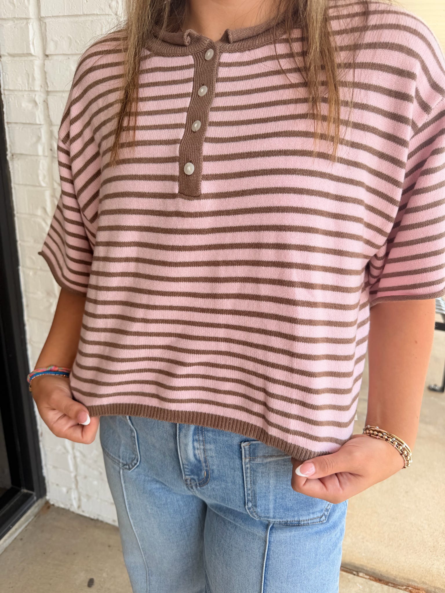 Striped Short Sleeve Henley Top