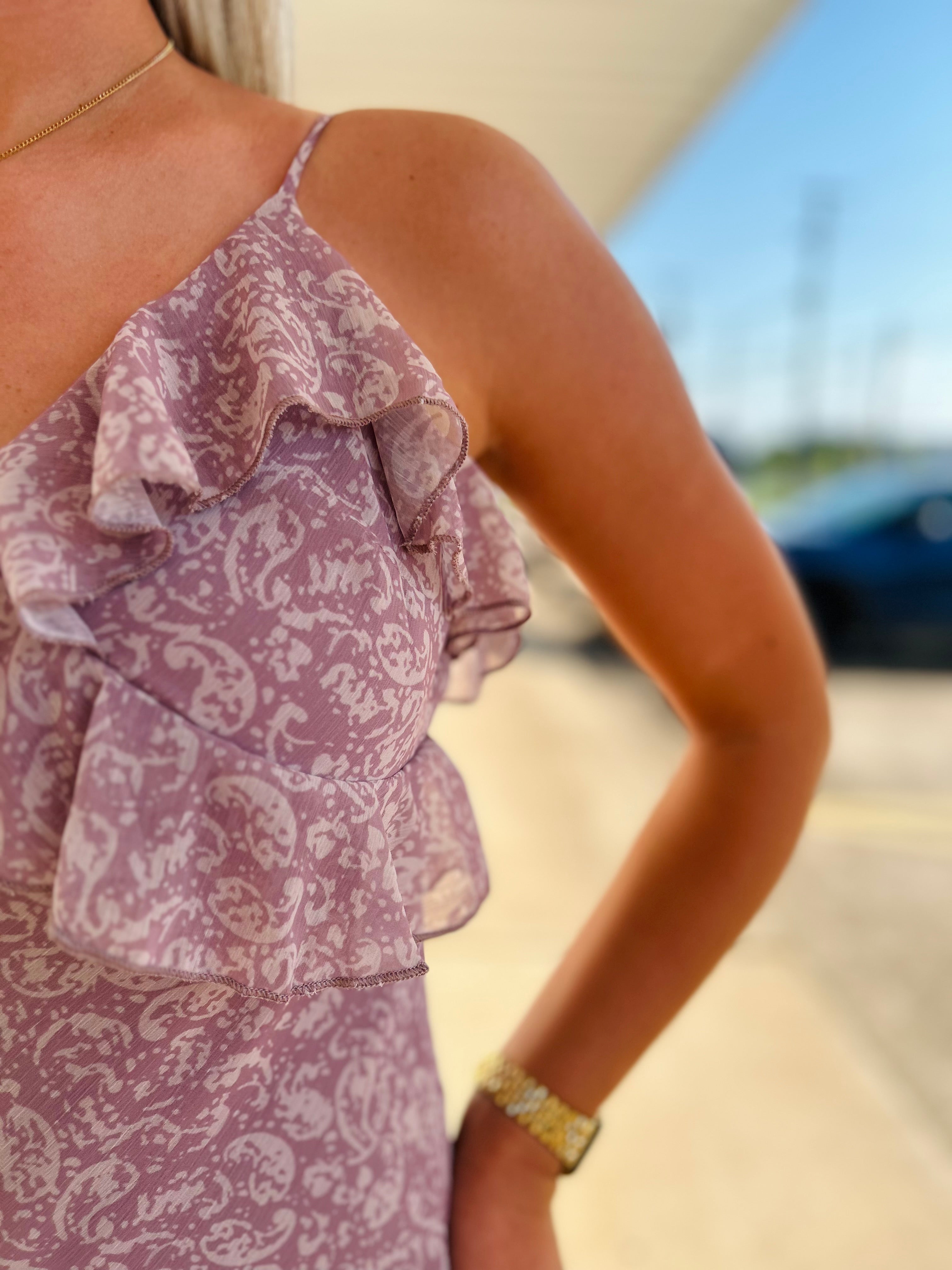 Paisley Chiffon Diagonal Ruffle Midi Dress