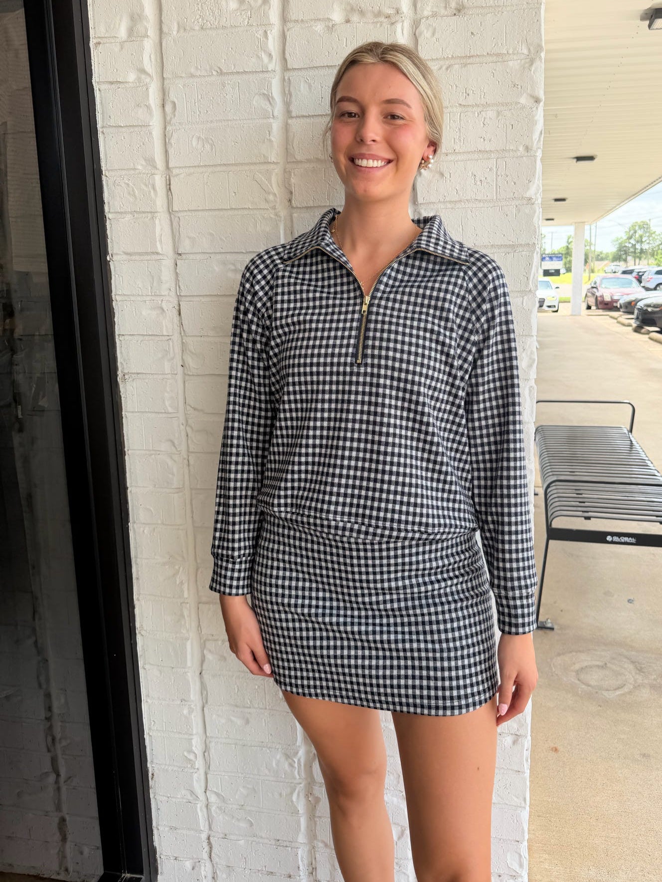 Gingham Print Half Zip Top & Skort Set