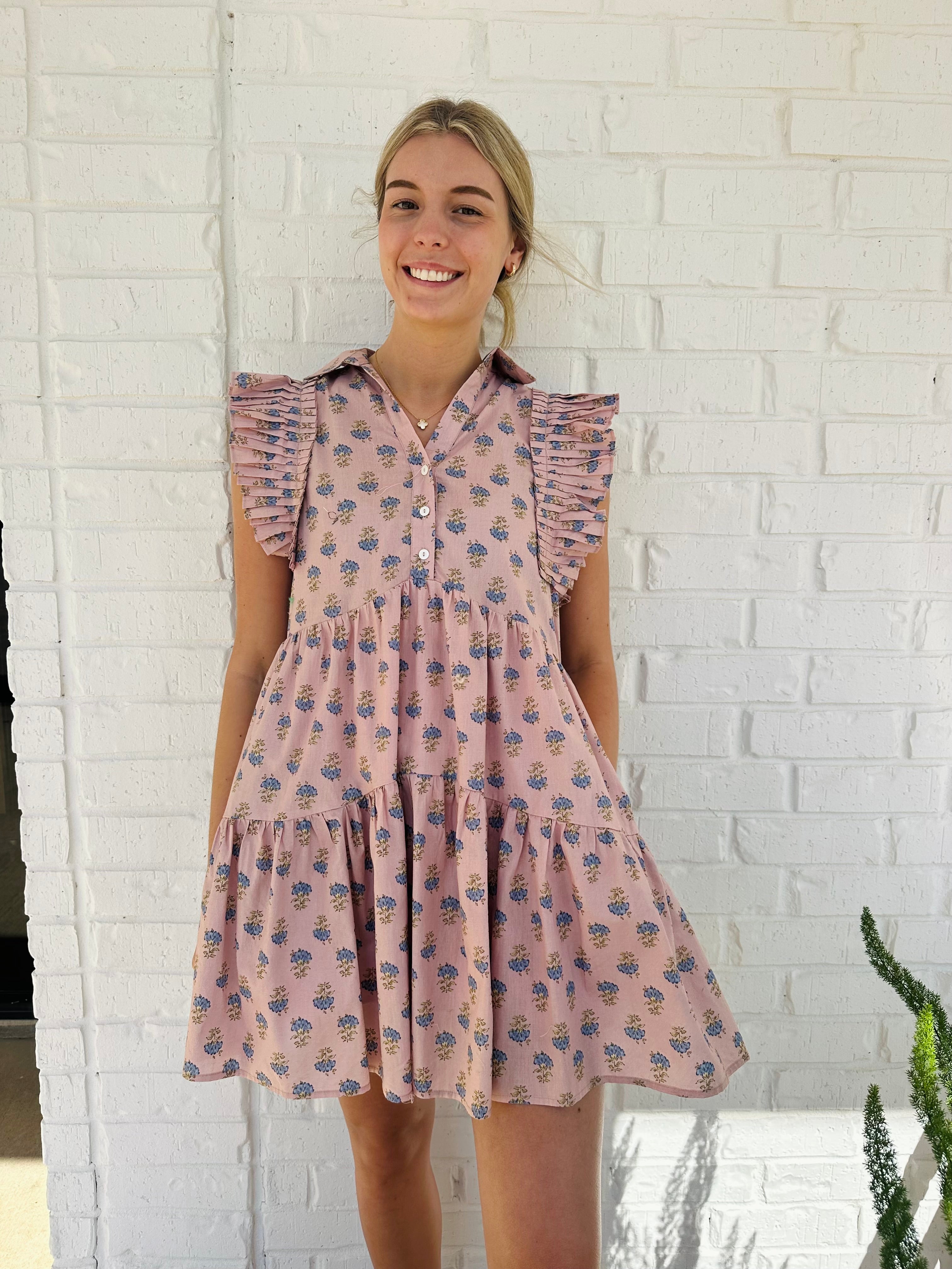 Erin Empire Tiered Button Collar Mini Dress w Flutter Sleeves