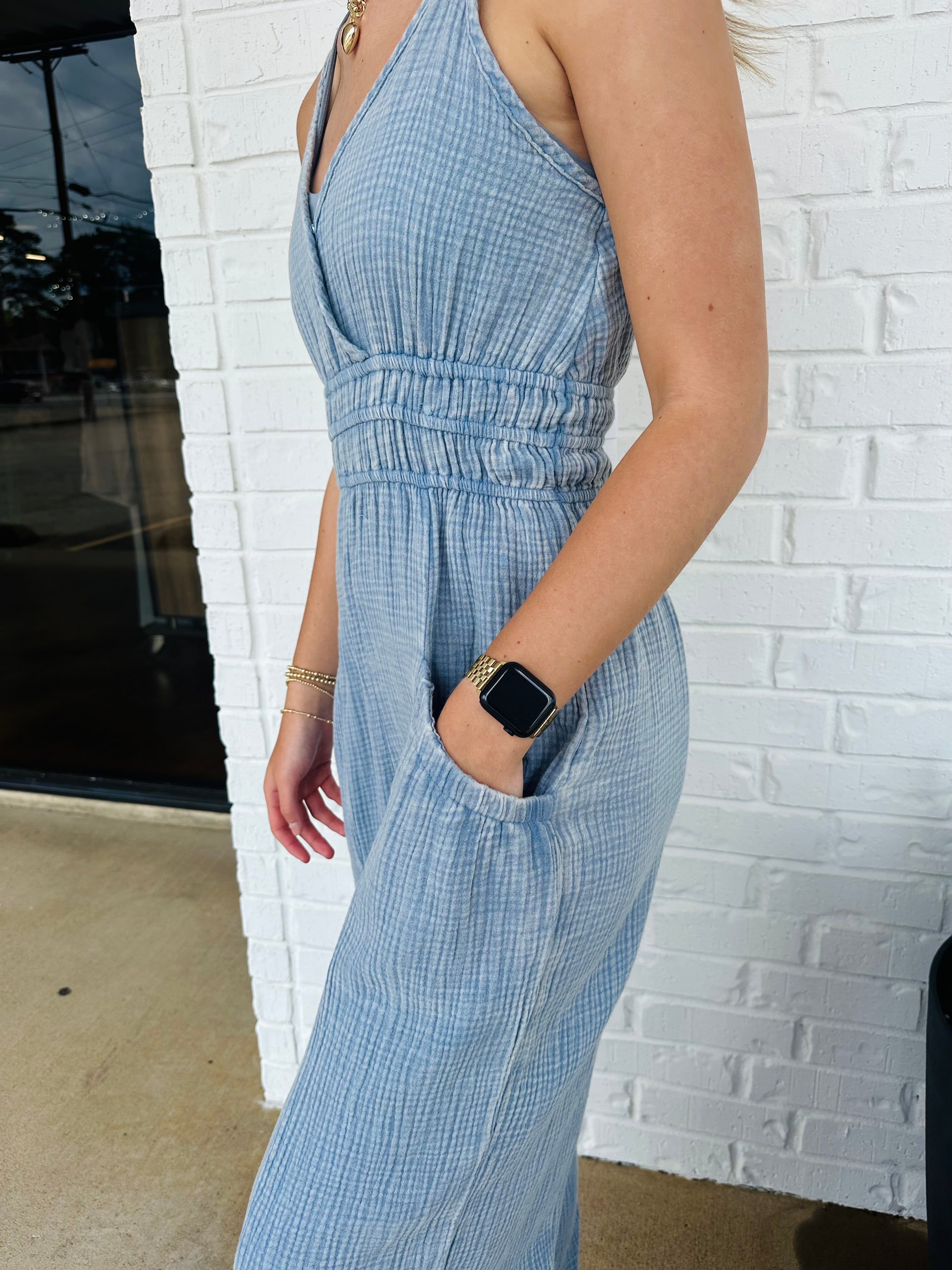 Mineral Wash Casual Jumpsuit with Pockets