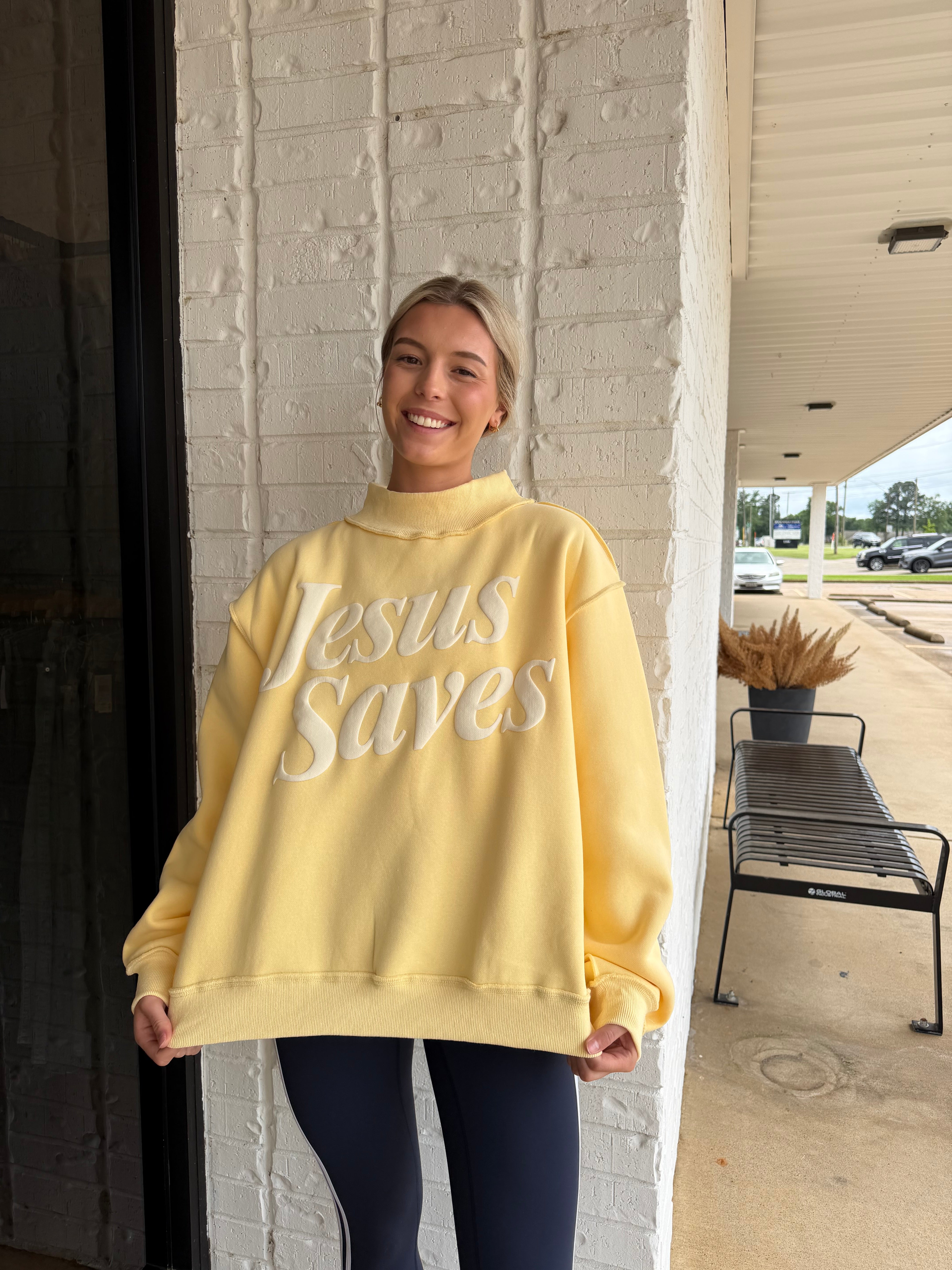 Jesus Saves Puff Print Mock Neck