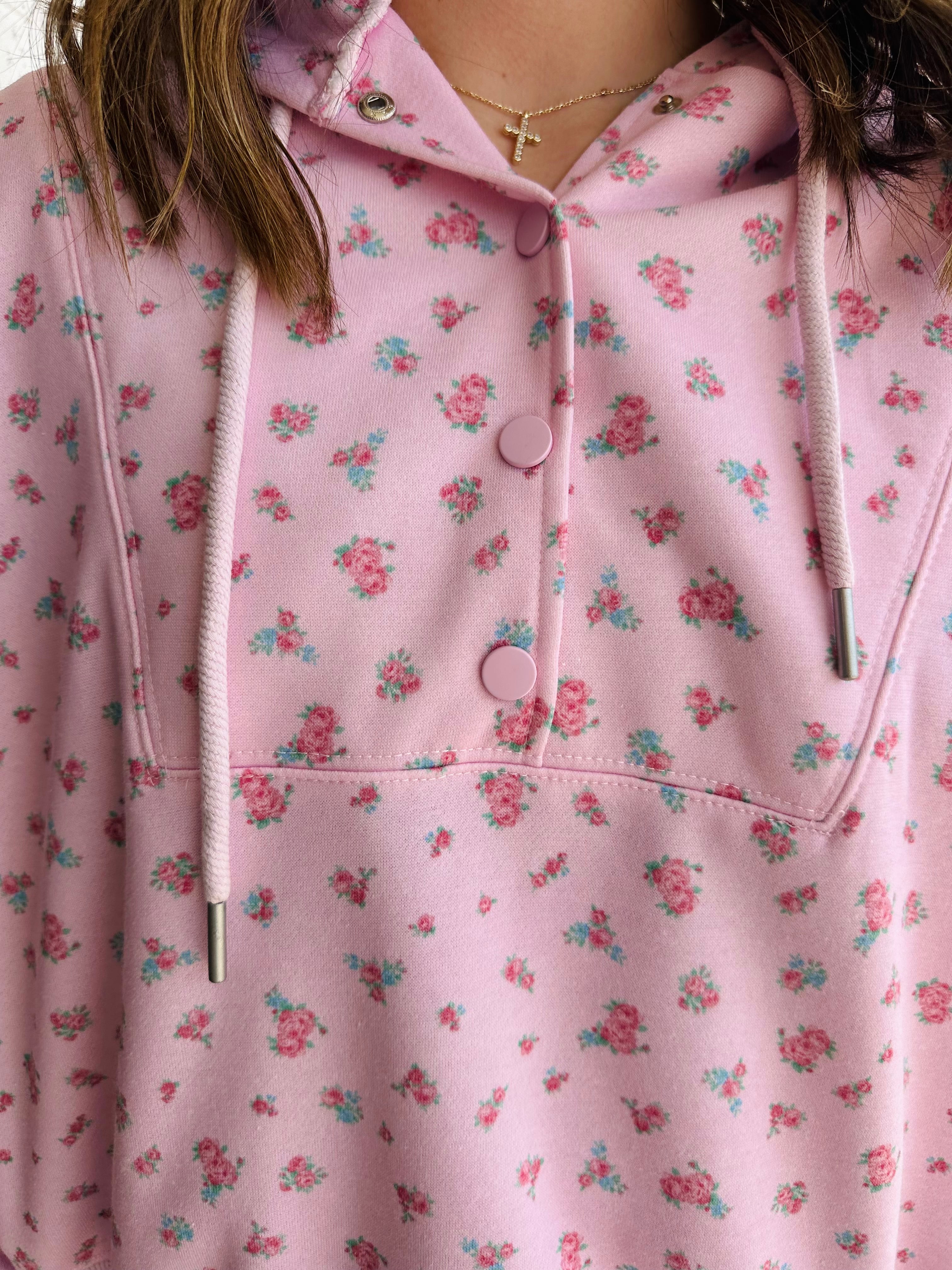 Posie Floral Print Quarter Snap Fleece Hoodie