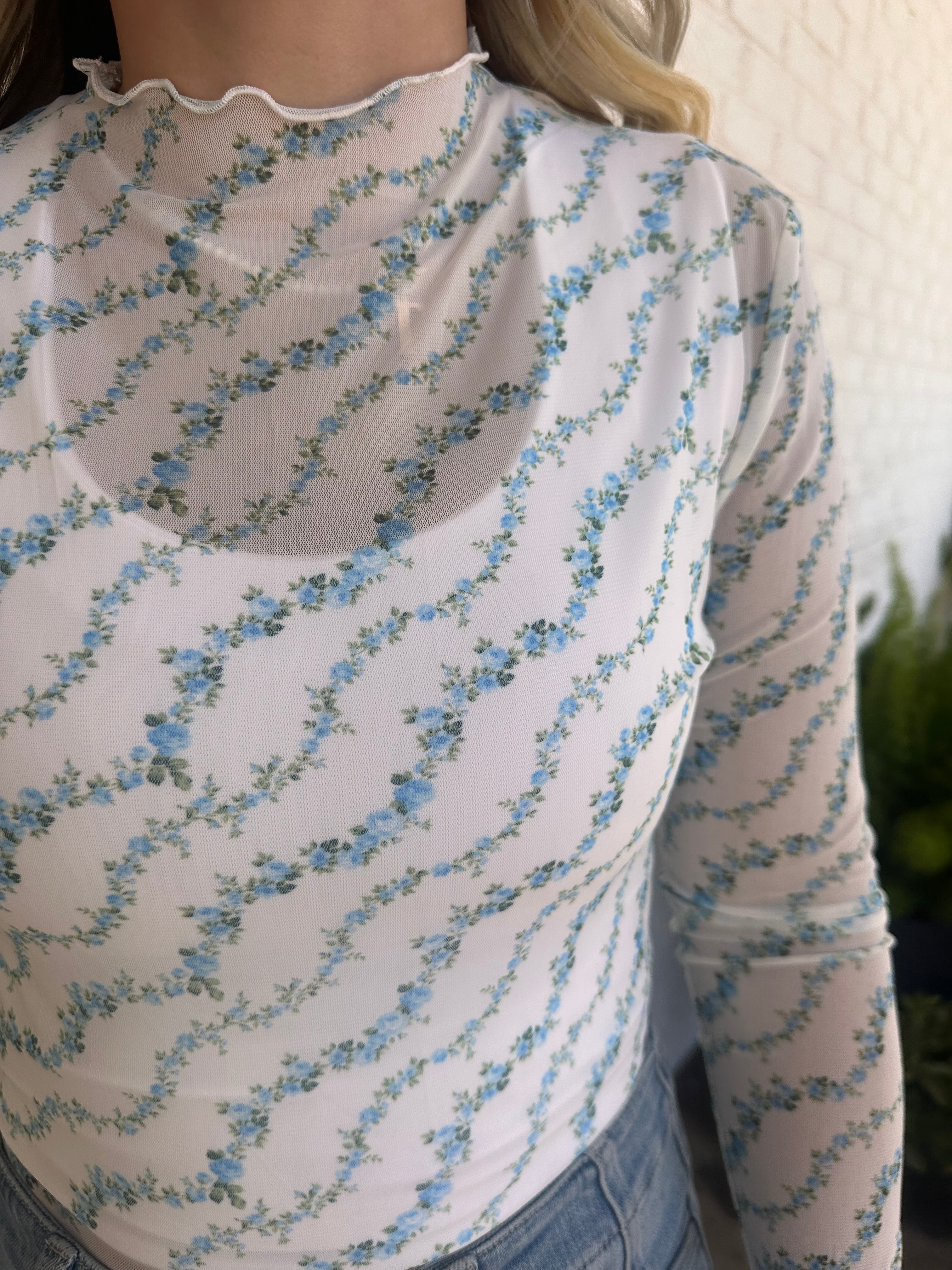 Floral Print Mesh LS Top