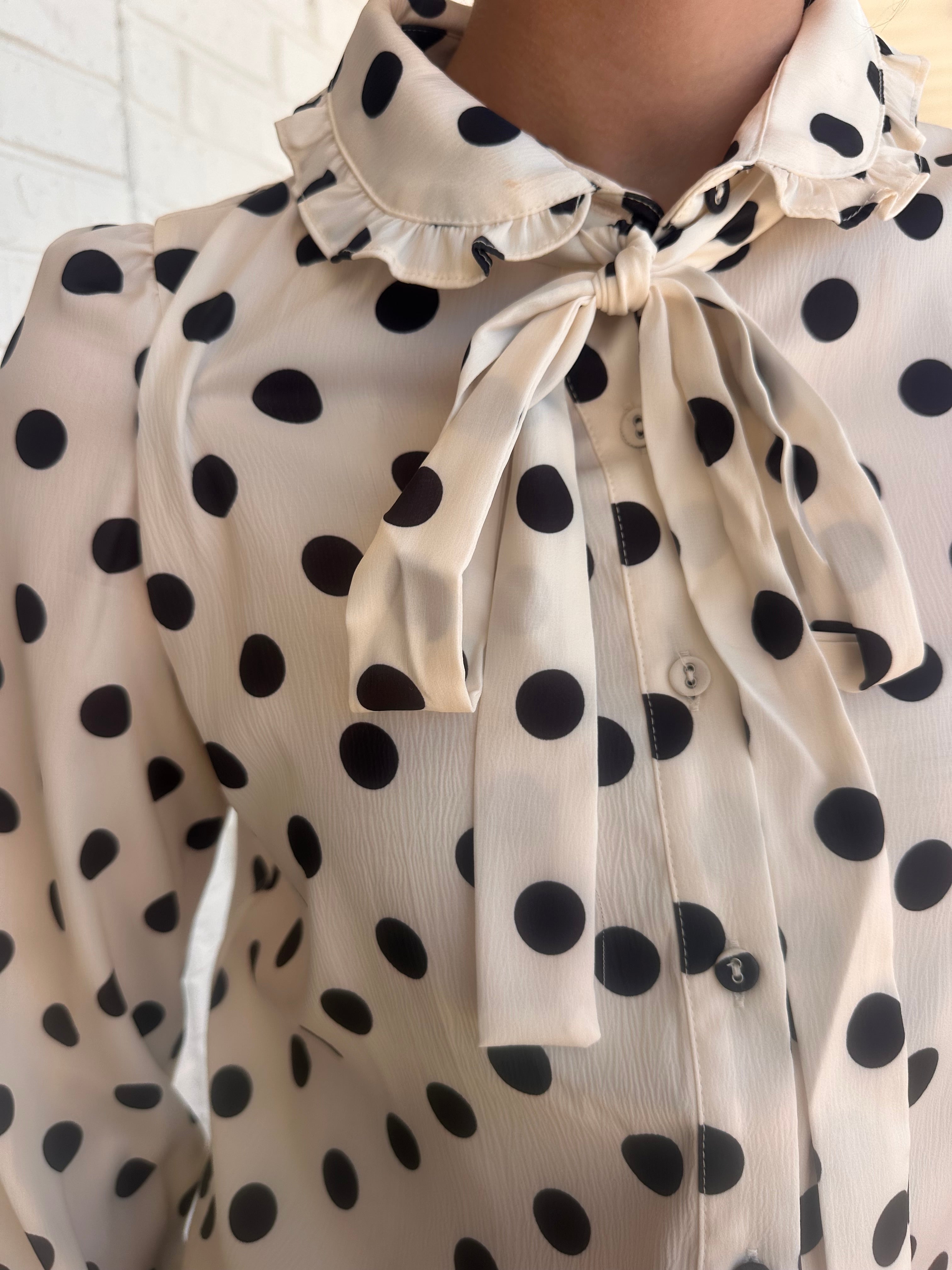 Eloise Polka Dot Mini Ruffle LS Button Up Top