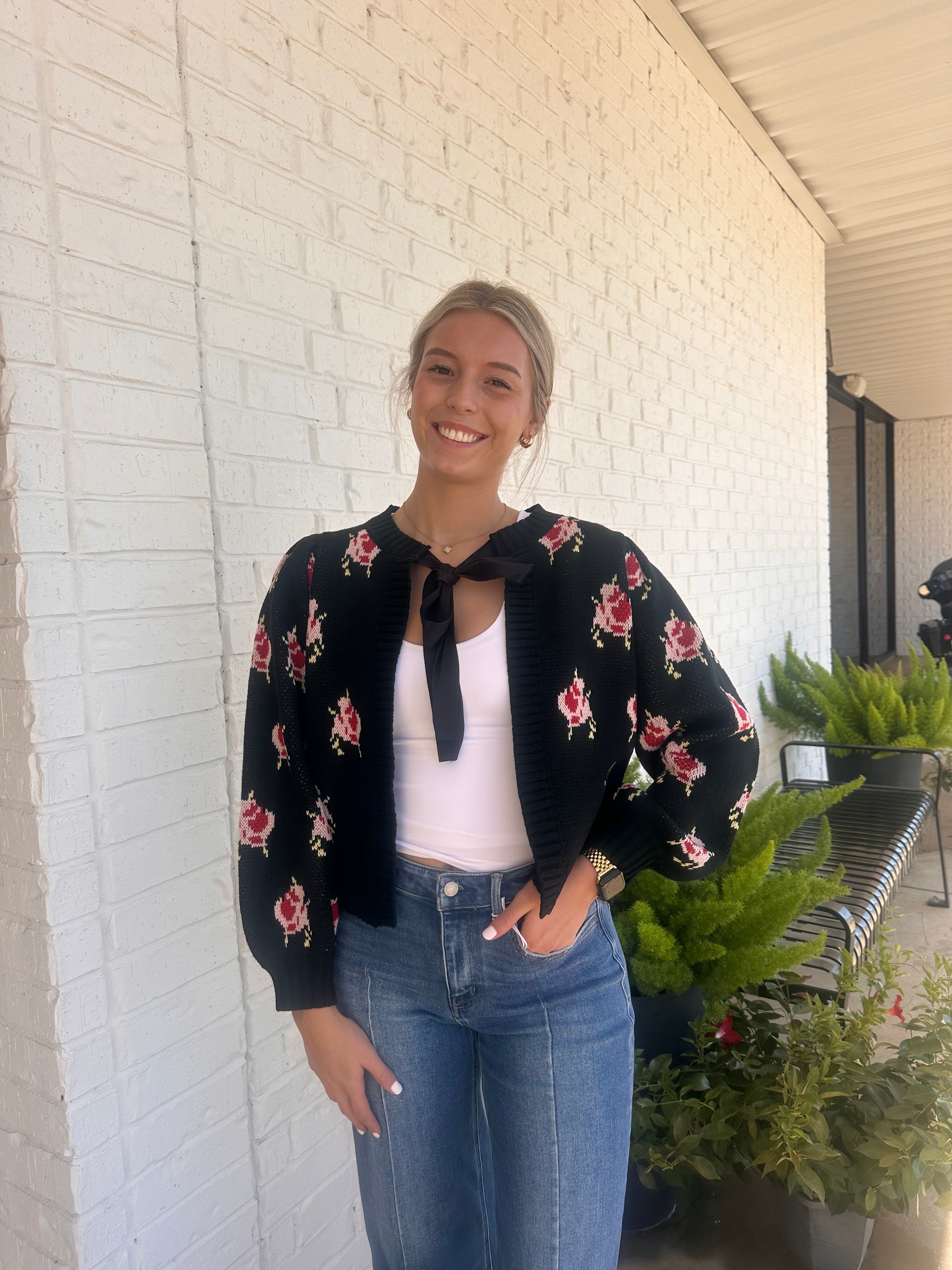 Floral Cardigan with Satin Tie