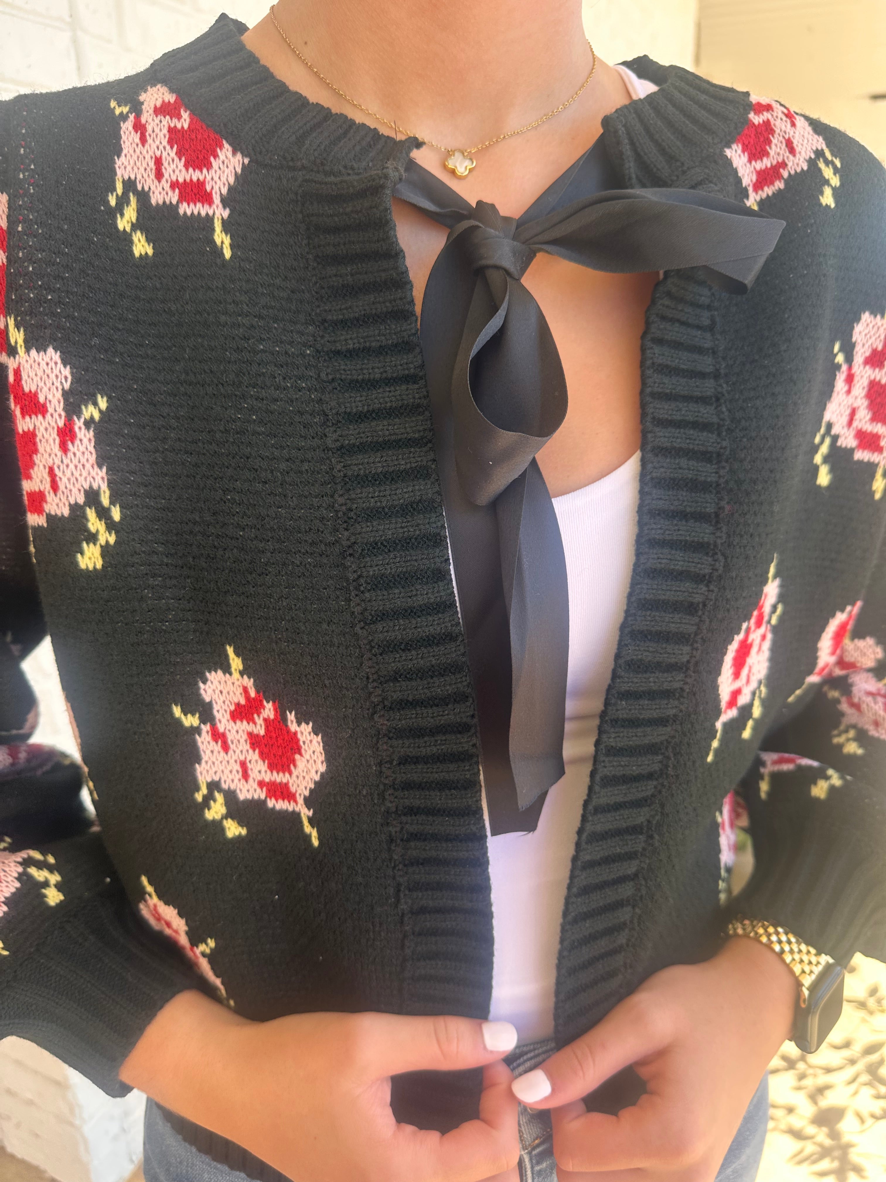 Floral Cardigan with Satin Tie