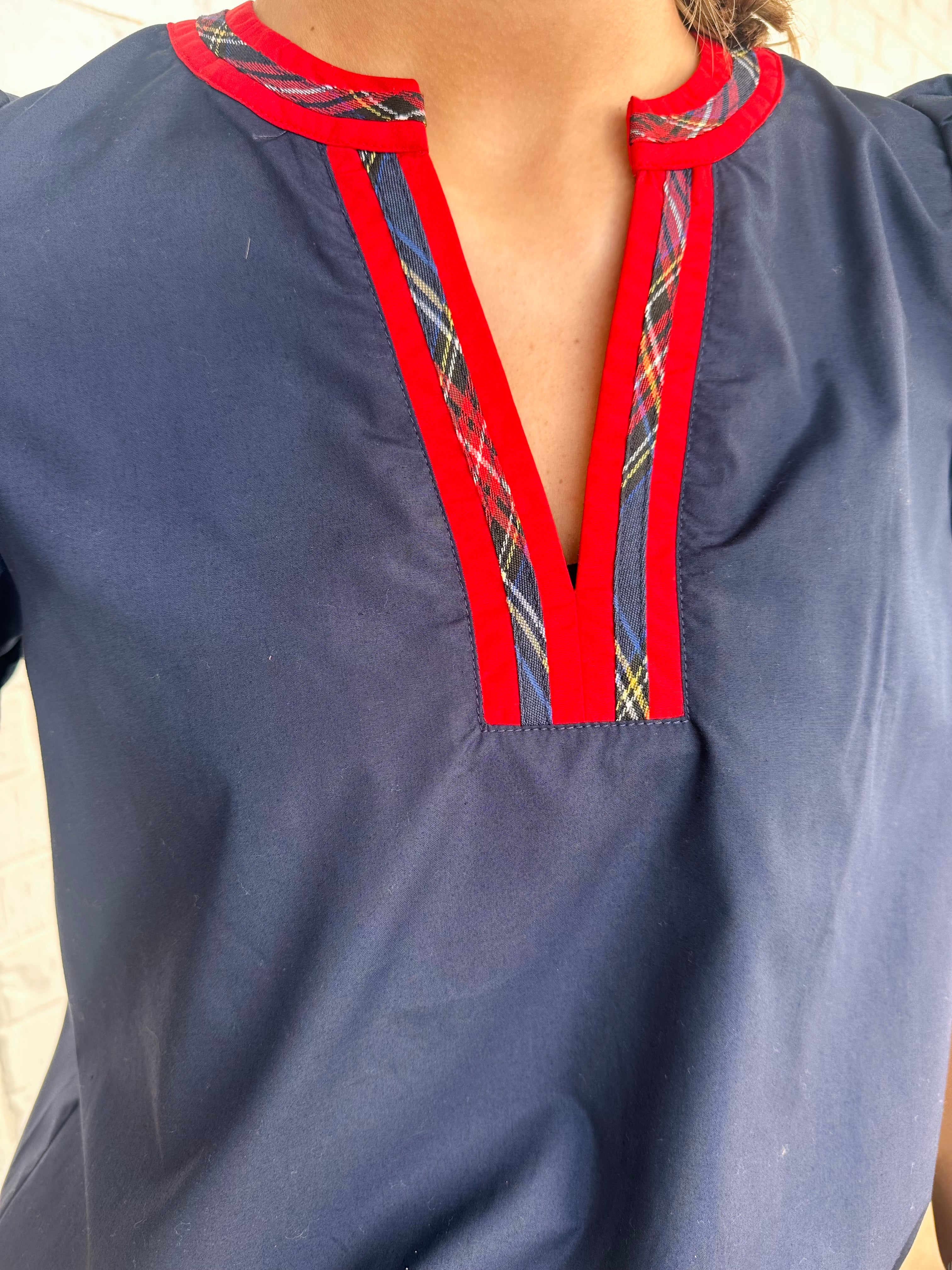 Holly Plaid Accent V Neck Short Puff Sleeve Top