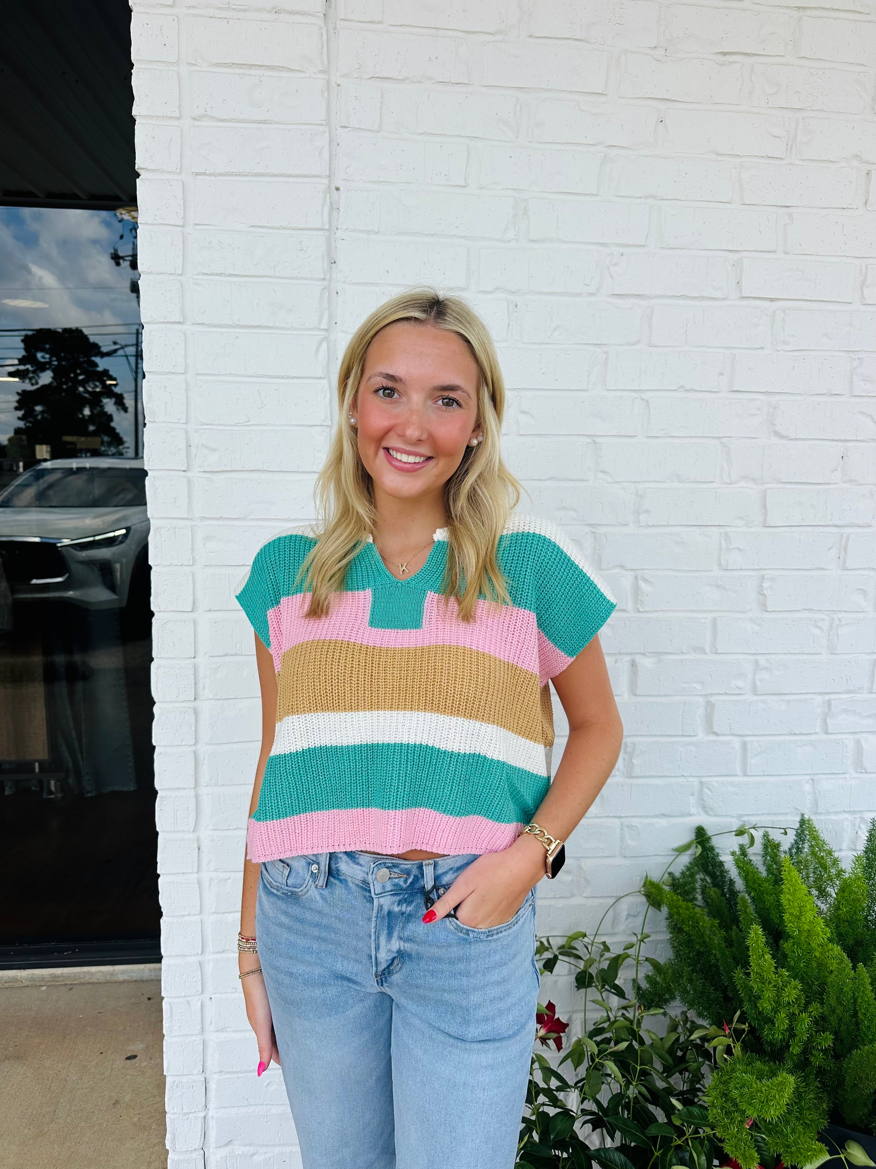 Jade Striped Split Neck Sleeveless Sweater