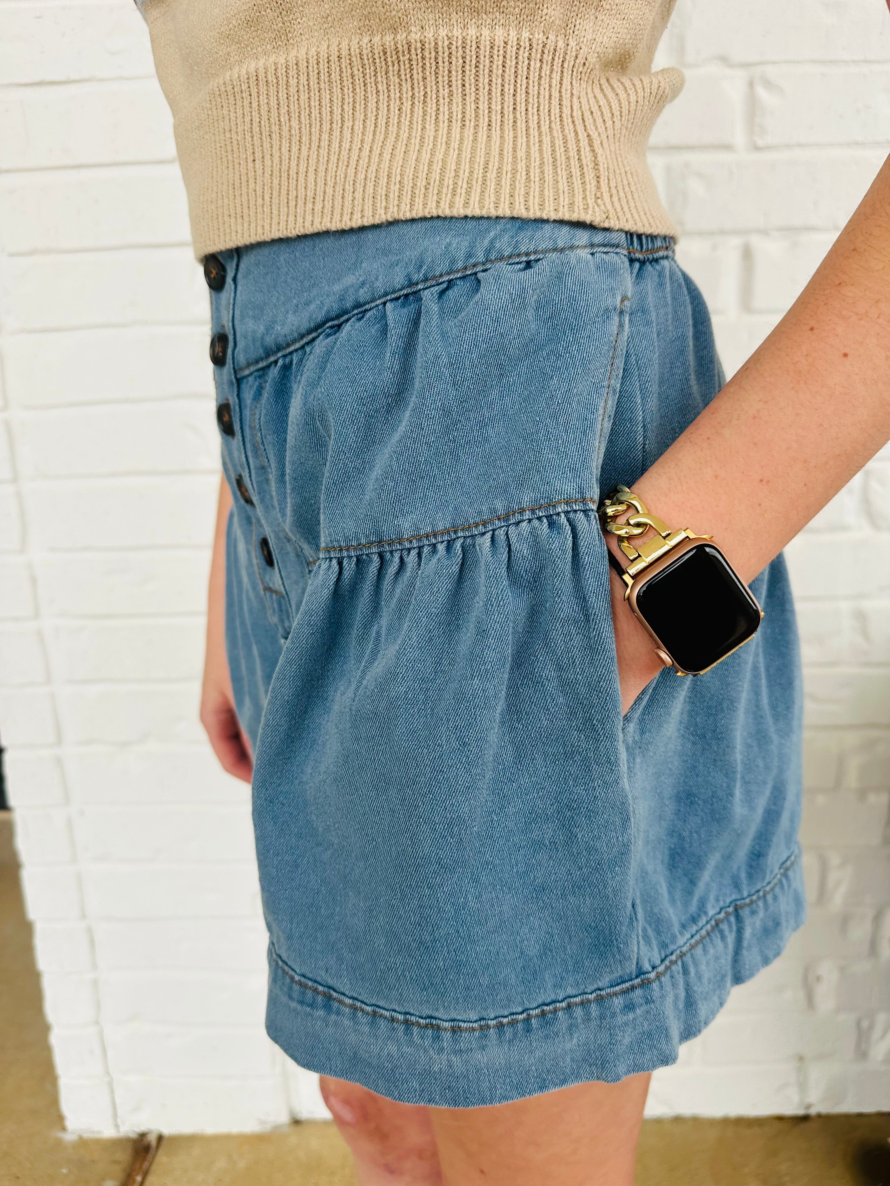 Julie Flared Button Elastic Waist Denim Shorts