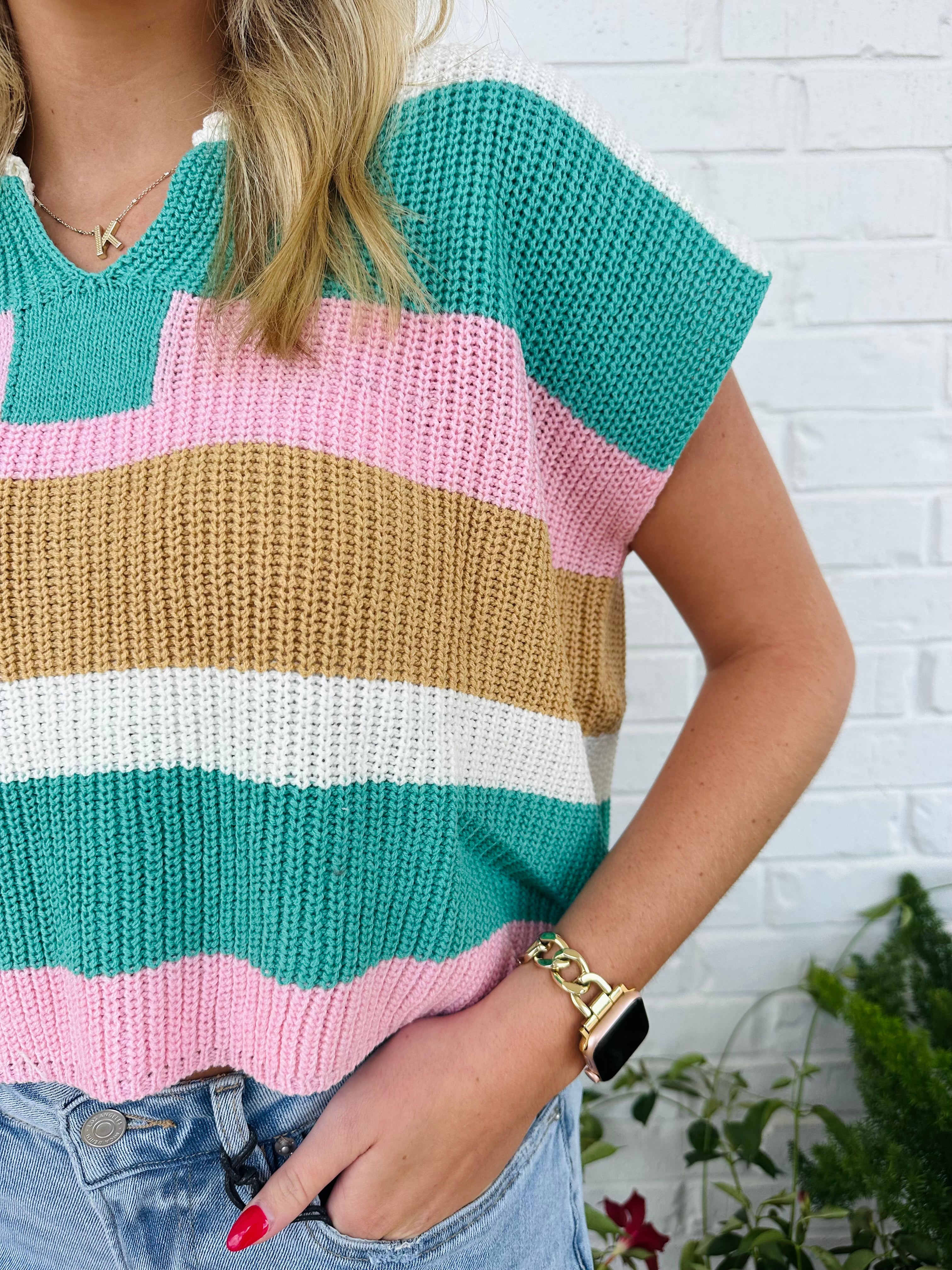 Jade Striped Split Neck Sleeveless Sweater