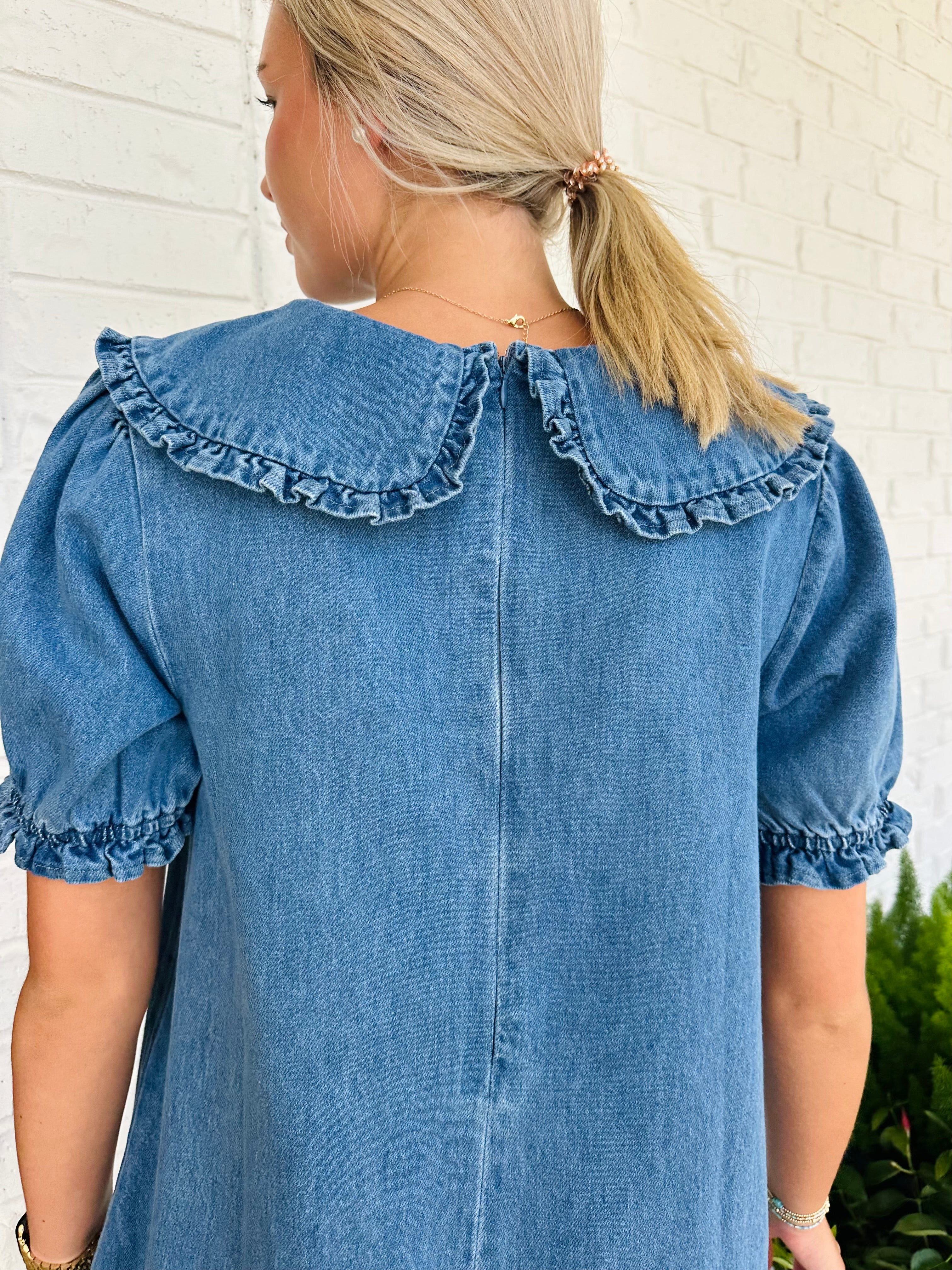 Mrs. Green Peter Pan Collar SS Denim Mini Dress