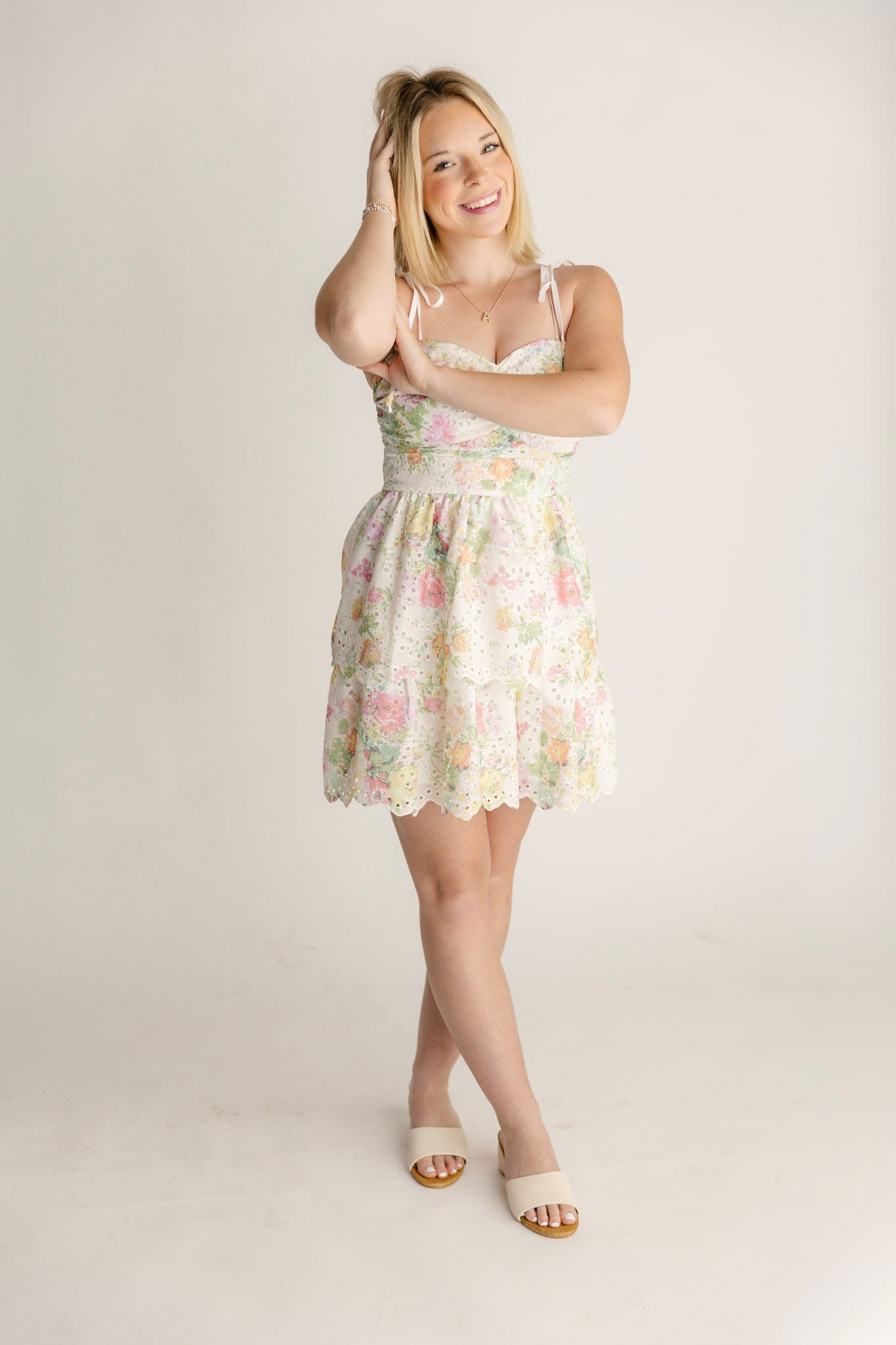 Floral Printed Eyelet Tie Shoulder Short Dress