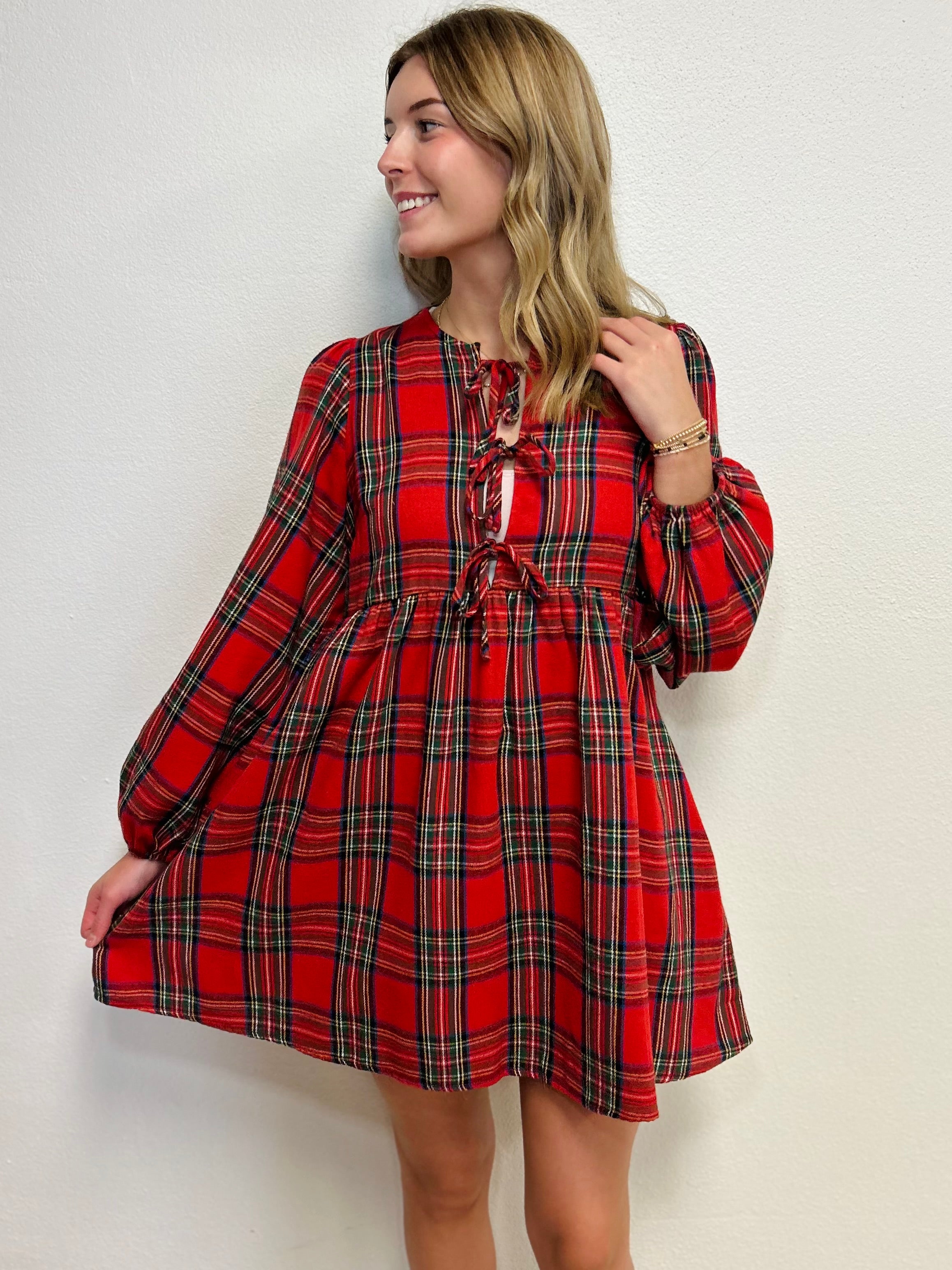 Scottie Plaid Front Tie Round Neck Mini Dress