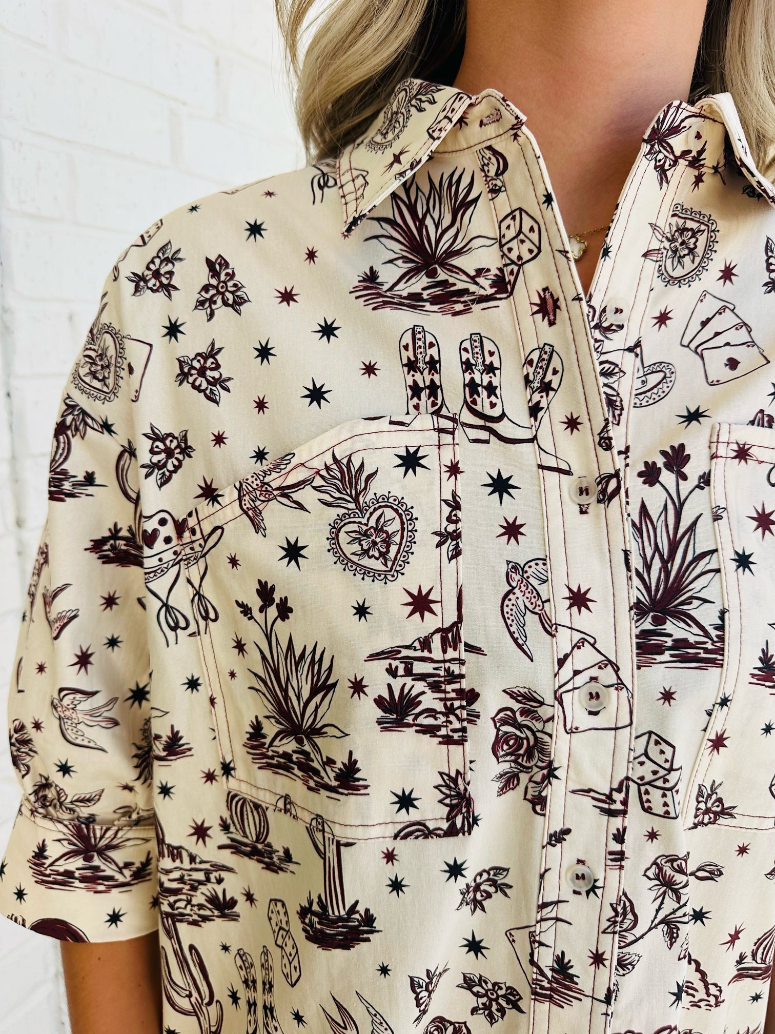 Western Print 3/4 Sleeve Button Collar Shirt Dress