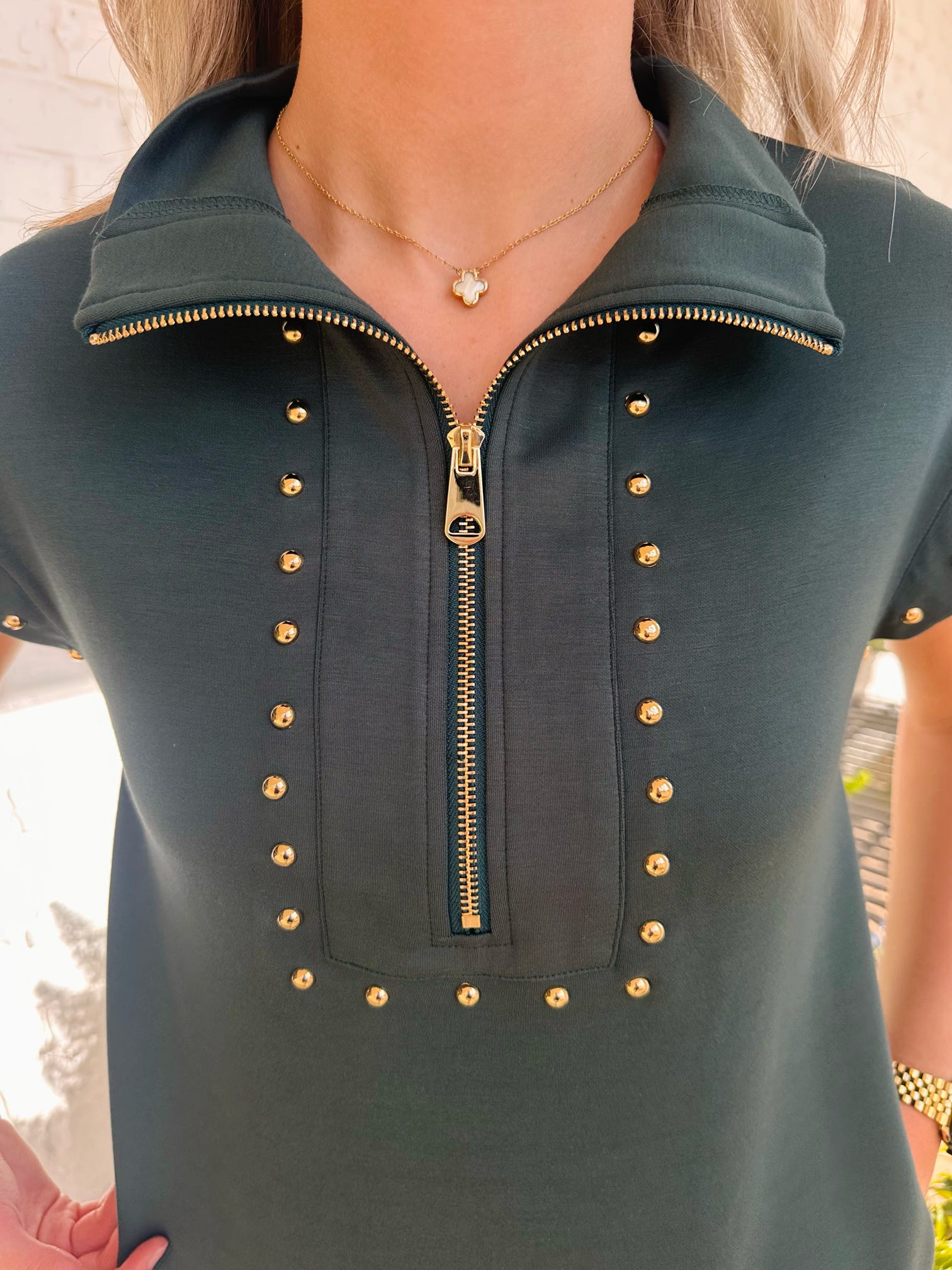 Rhodes Cap Sleeve Scuba Studded Zip Collar Mini Dress