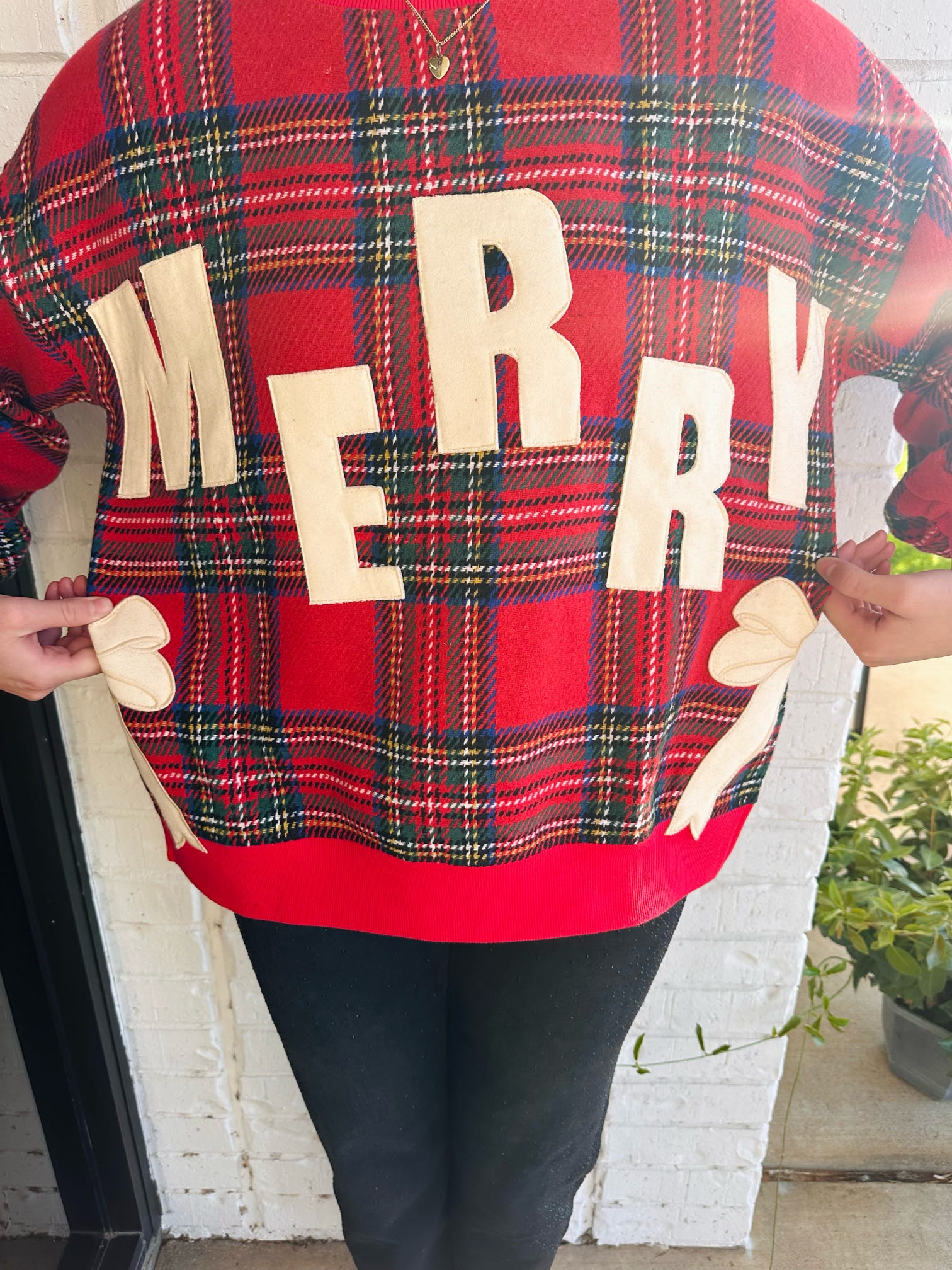 Merry Side Bow Plaid Sweatshirt