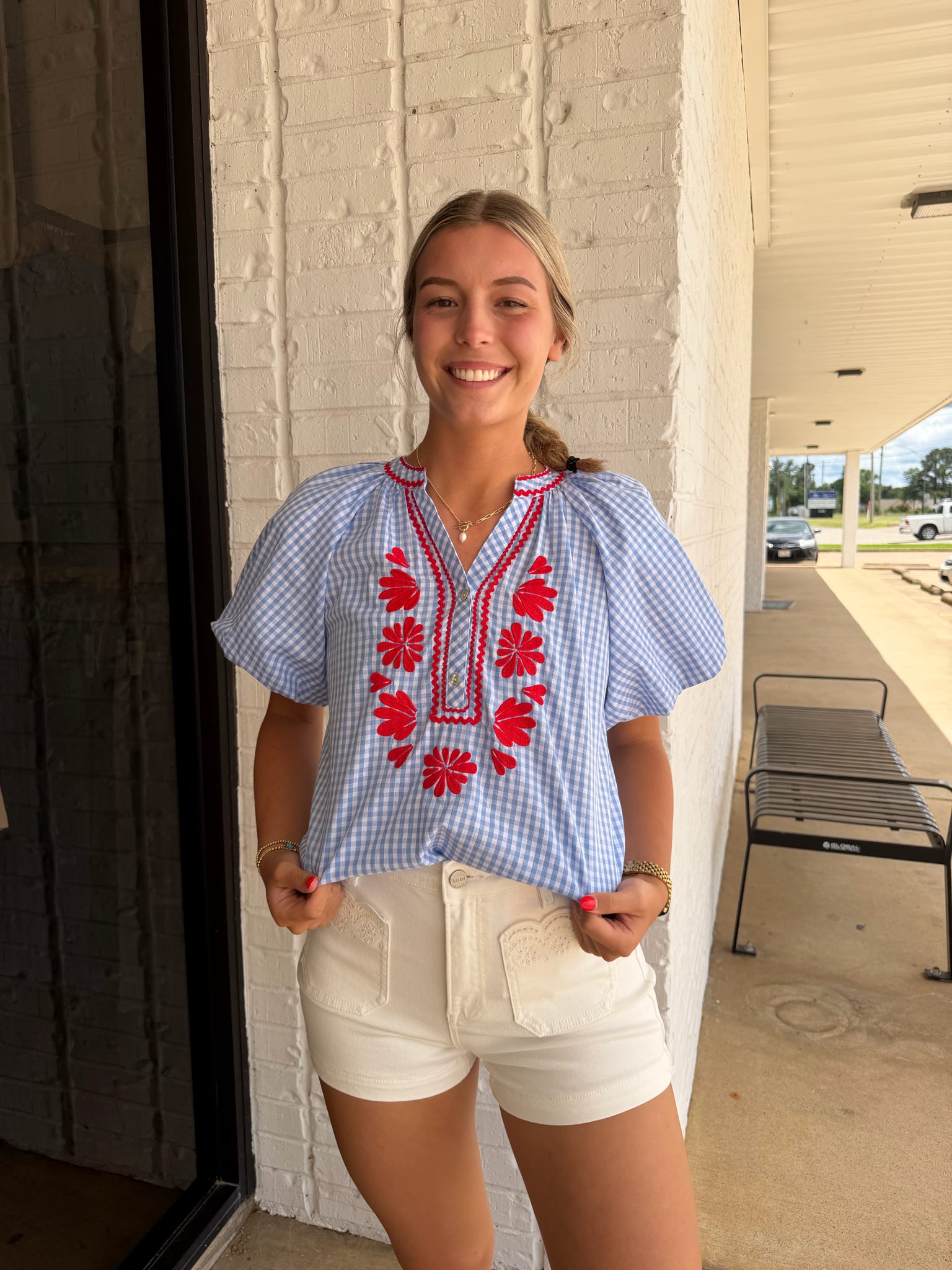 Stitch Flower Gingham Blouse