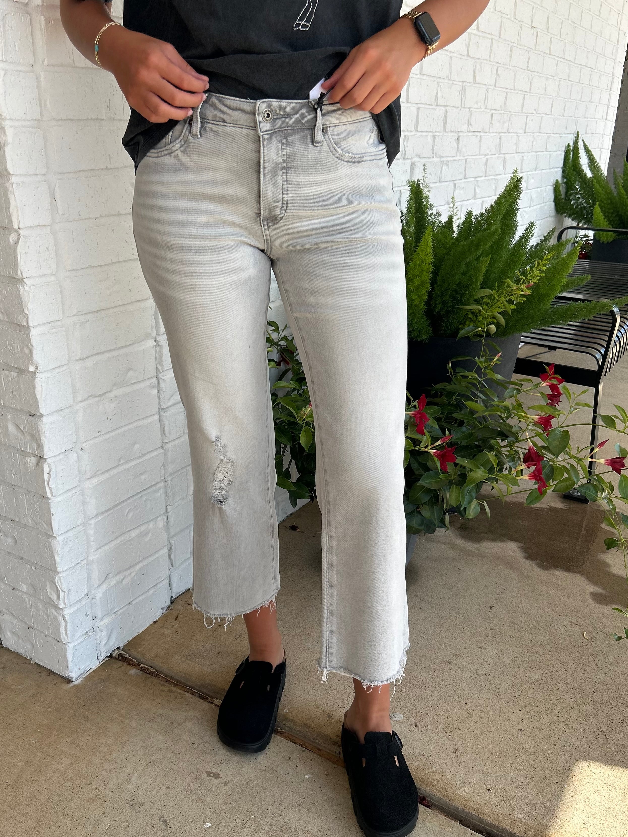 Mica Mid Rise Distressed Crop Wide Leg Jeans