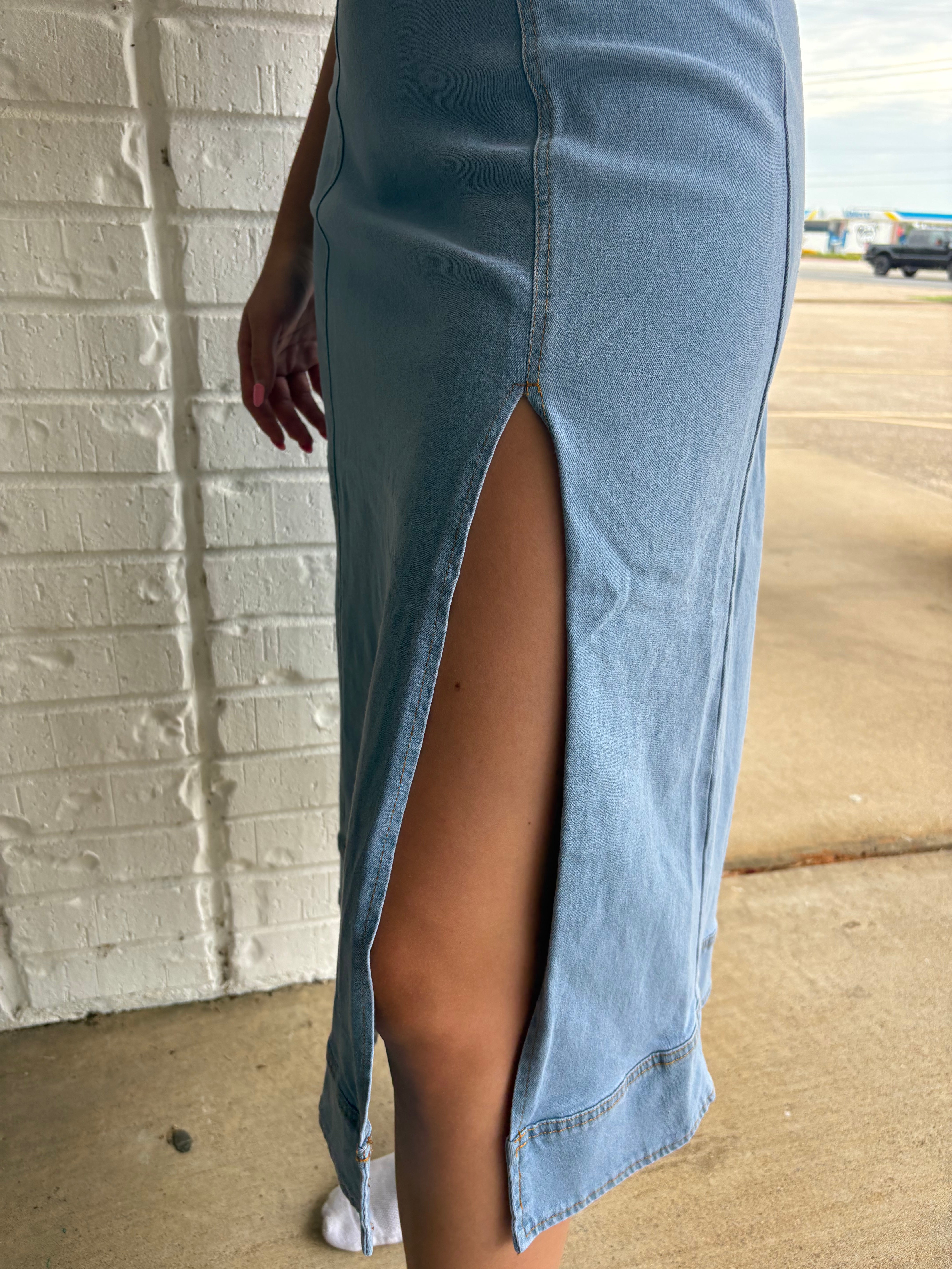 Sleeveless Side Slit Denim Midi Dress