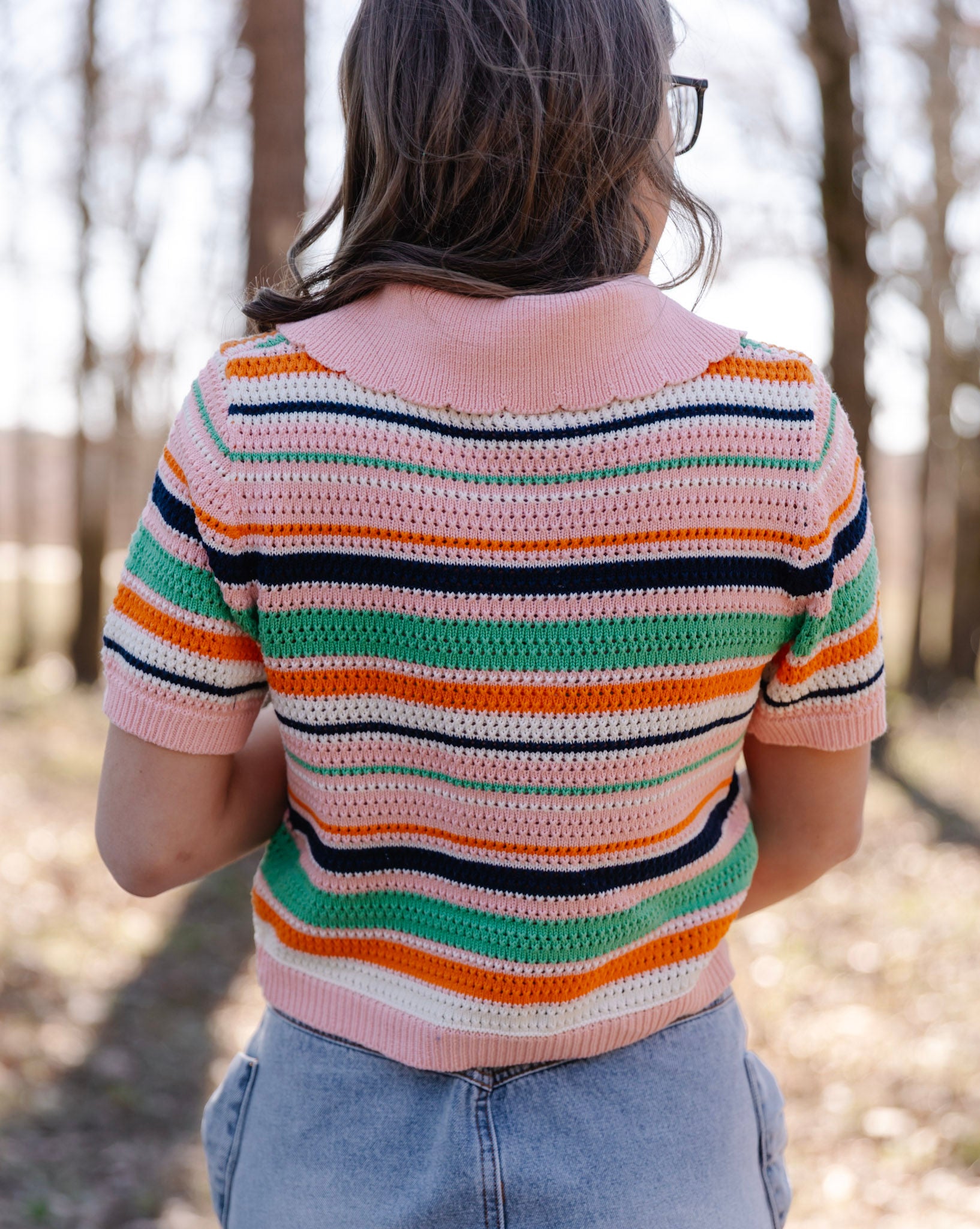 Sorbet SS Button Collar Stripe Knit Sweater